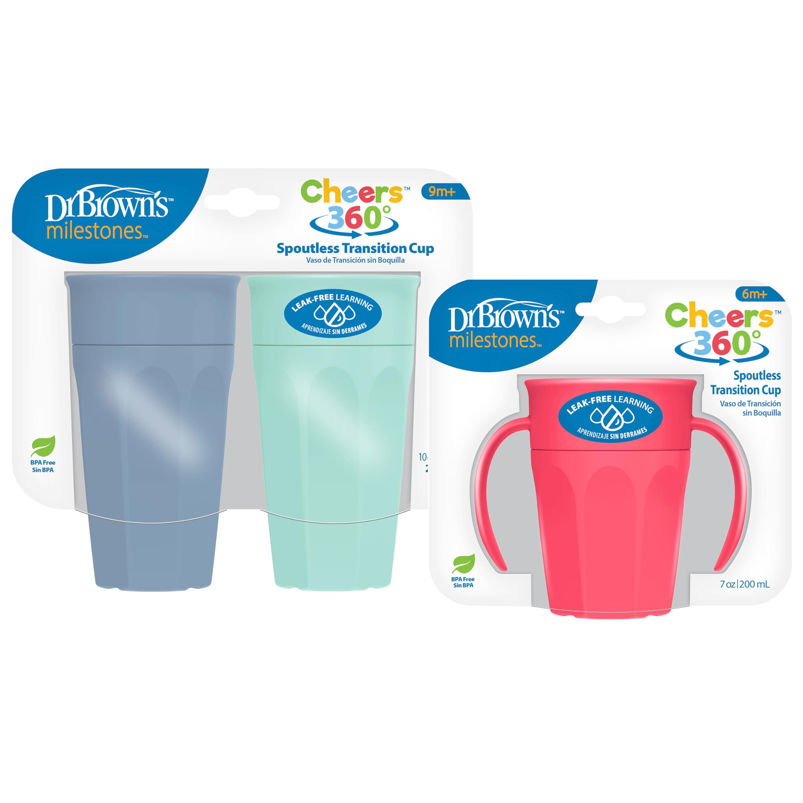 Dr. Brown\'s Dr. Brown's Milestones Cheers 360 Cup Spoutless Transition Handles for Easy Grip & Leak-Freere Training Toddlers Babies, Leak-Free Sippy Cup, Blue/Aqua