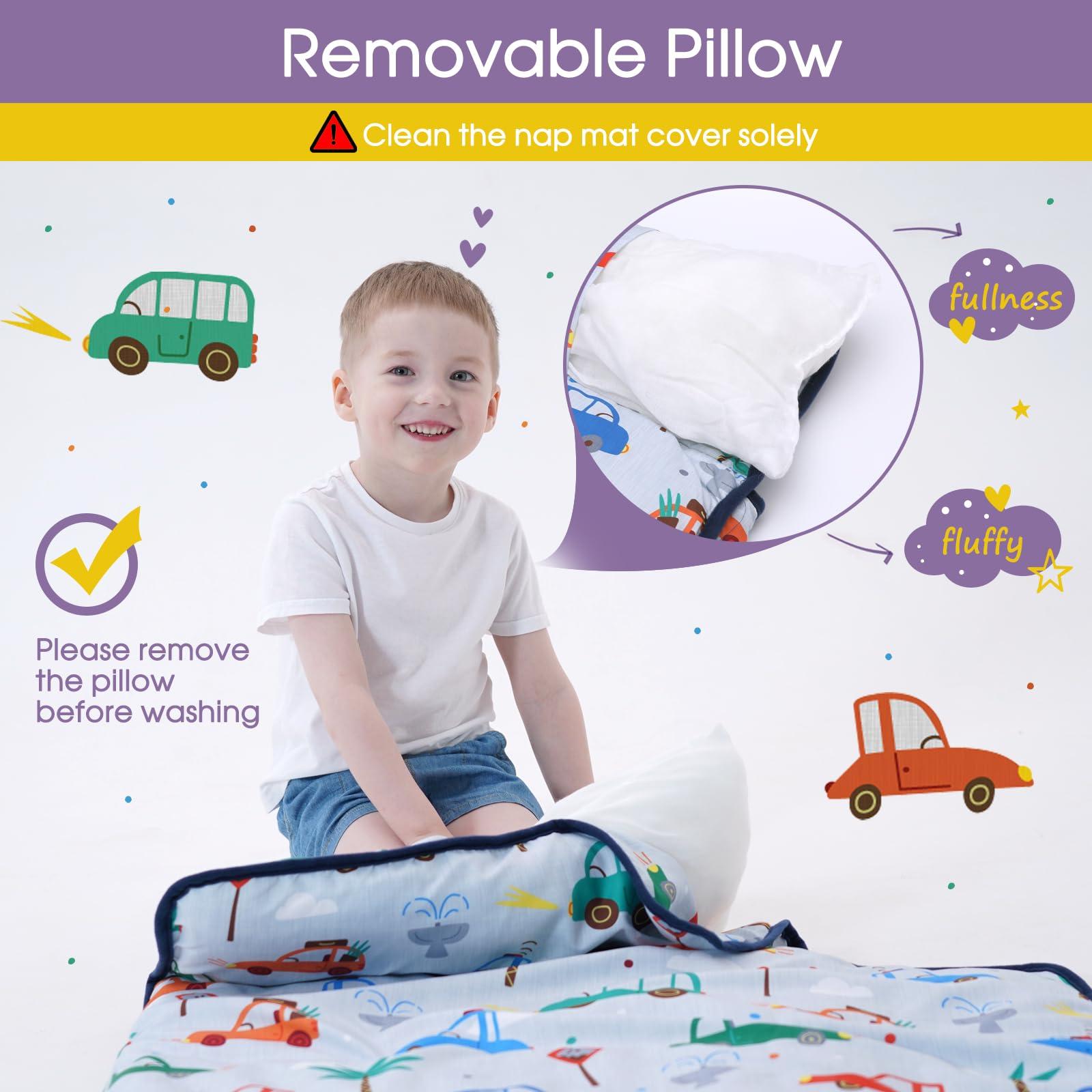 BORPRES Nap Mat with Pillow Blanket Set: Cars Sleeping Mats for Toddler Kids - Thick Large Roll up Slumber Bag for Daycare Preschool Kindergarten Boys Girls