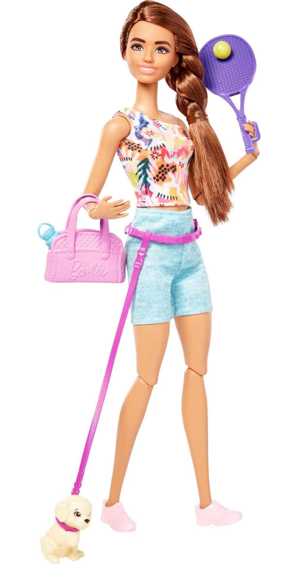 Barbie Barbie Self-Care Doll, Brunette Posable Workout Doll with Puppy and Accessories Including Roller Skates & Tennis Rackets