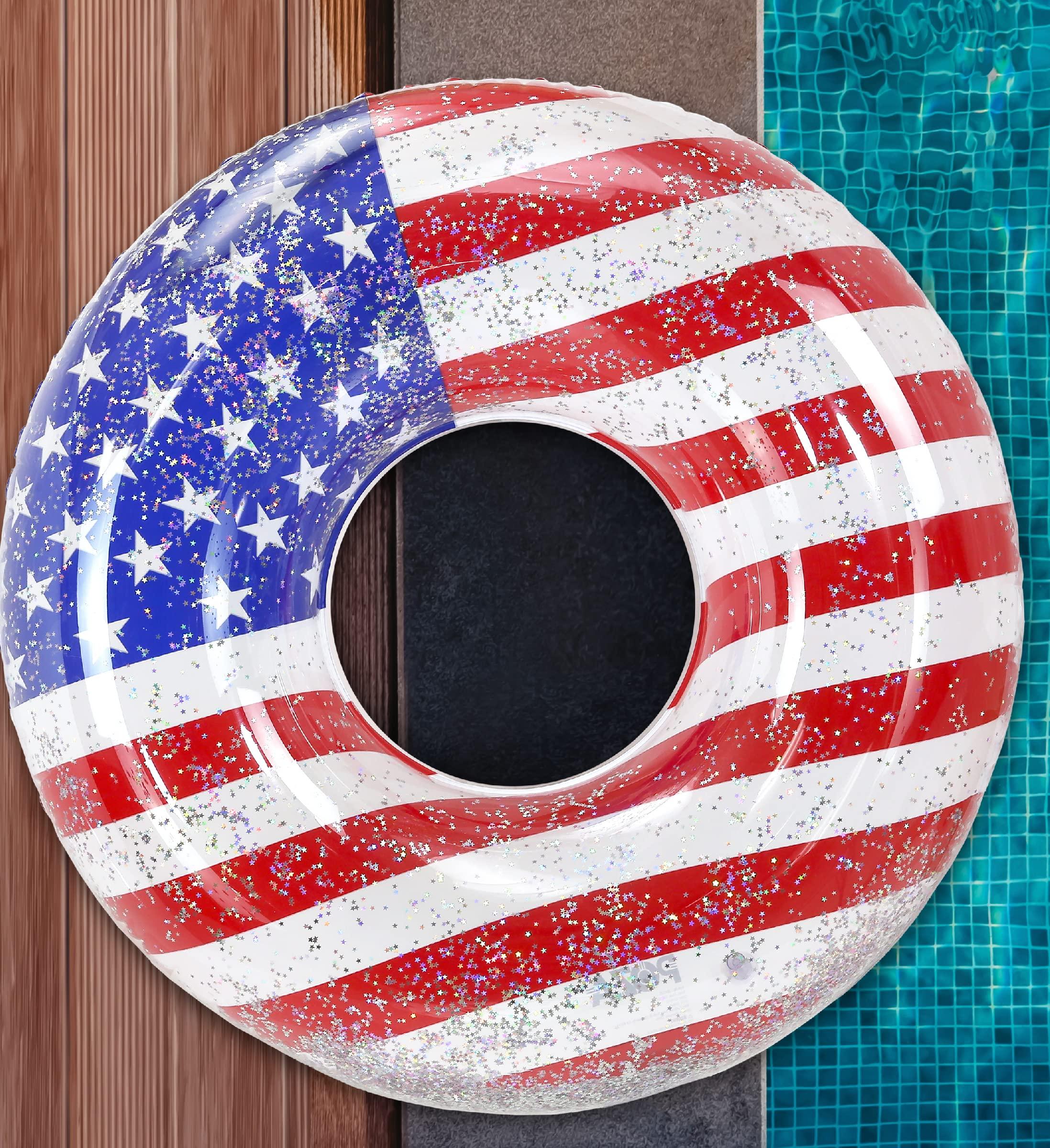 POZA POZA Inflatable USA Flag Giant Pool Float Tube - Sparkle Silver Stars Confetti Filled Luxurious Fun Lounger, Cool USA Flag Design Water Swimming Ring Pool Floaties for Beach, Lake, Pool 48 Inch