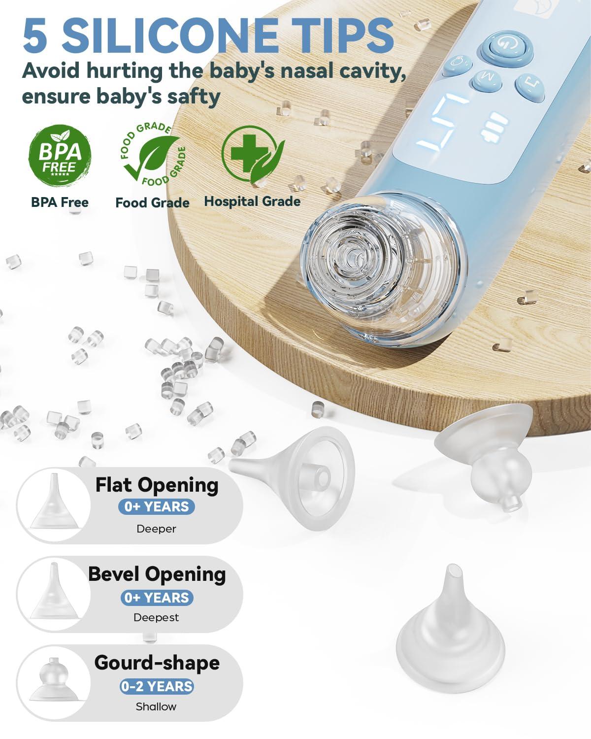 HORIGEN Nasal Aspirator for Baby, Electric Baby Nose Suction with 5 Adjustable Levels Suction, USB-C Rechargeable Mucus Cleaner with Lights and Music, Baby Nasal Aspirator for Toddler with 3 Silicone Tip