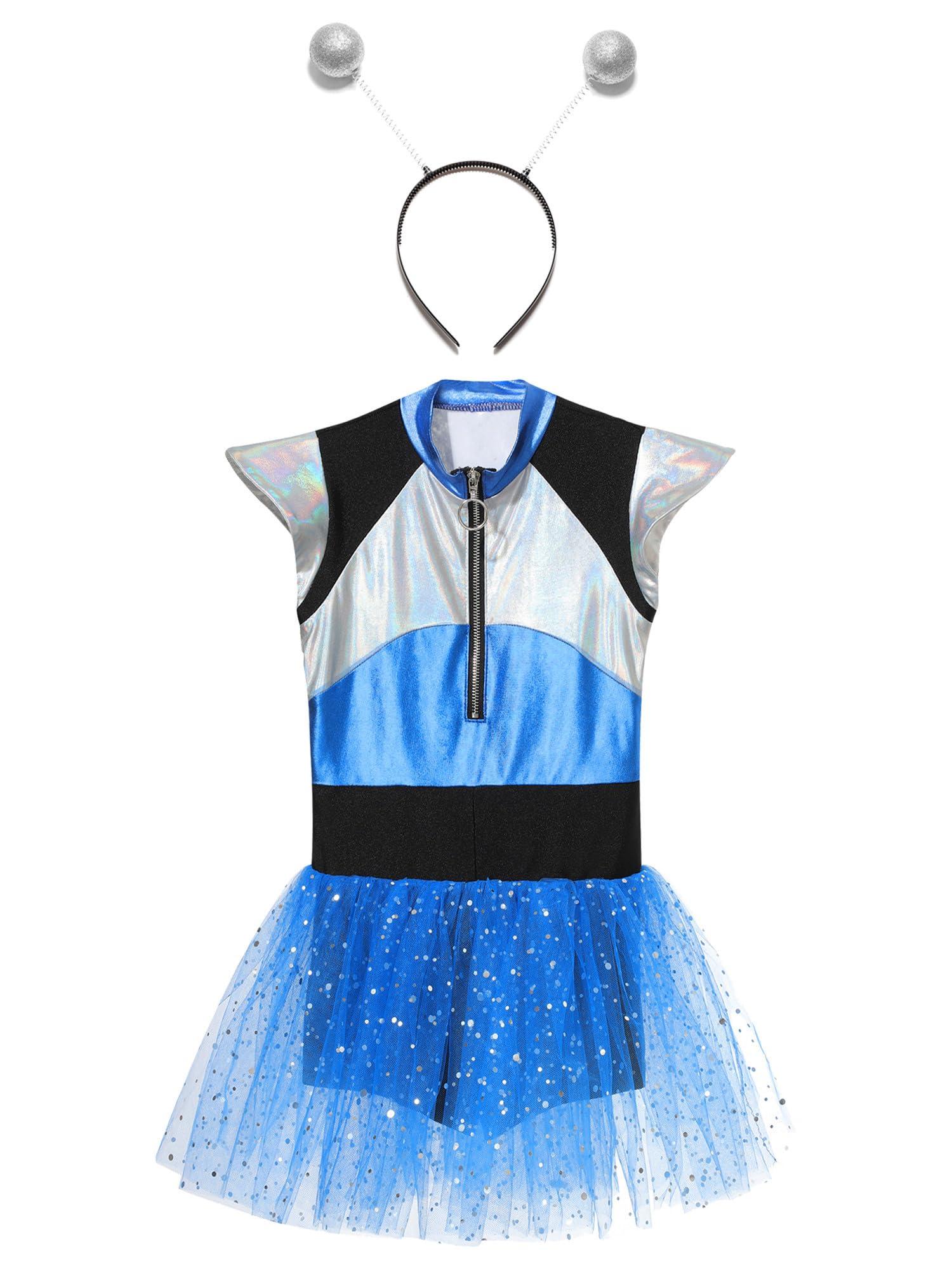 Fldy Fldy Kids Girls Alien Costume Halloween Robot Cosplay Outfits Shiny Metallic Leotard Sparkly Sparkly Tutu Tulle Dress A 16 Years