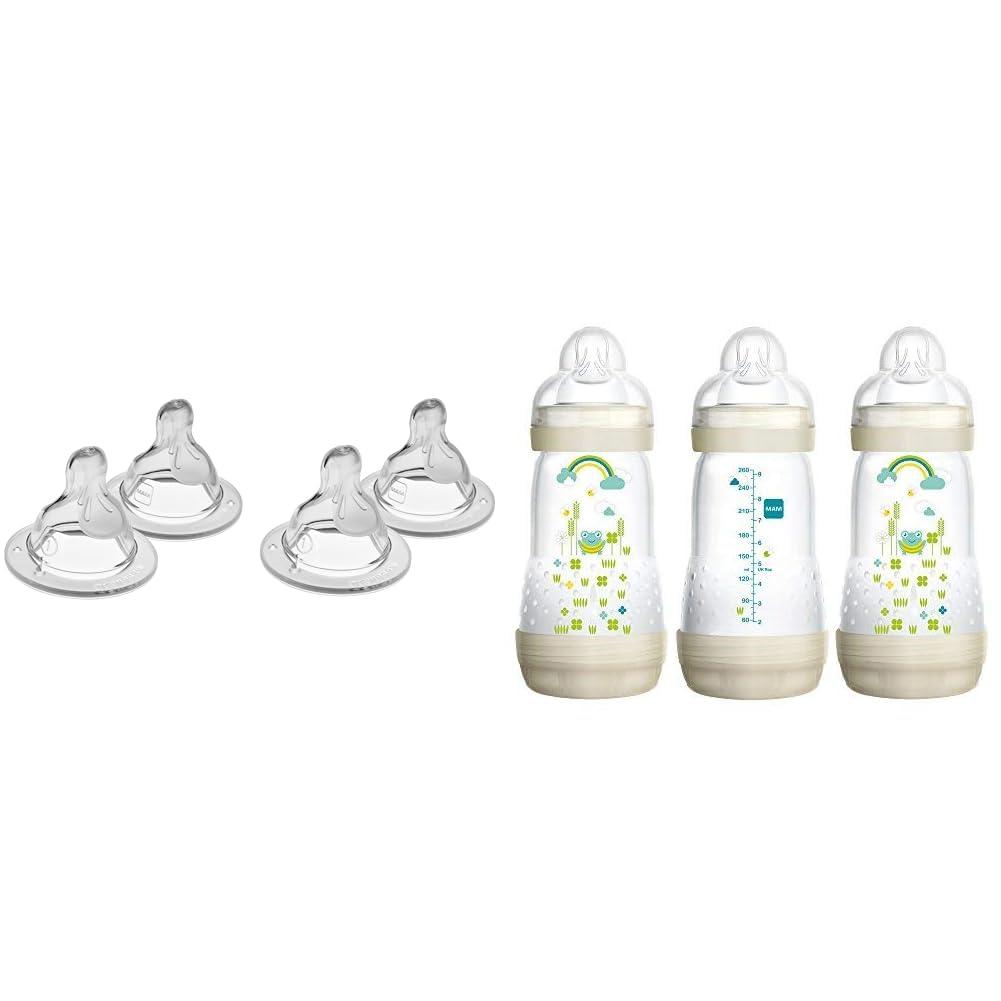 MAM MAM Bottle Nipples Slow Flow Nipple Level 1, for Newborns and Older, SkinSoft Silicone Nipples & Easy Start Anti-Colic Bottle, Baby Essentials, Medium Flow Bottles with Silicone Nipple