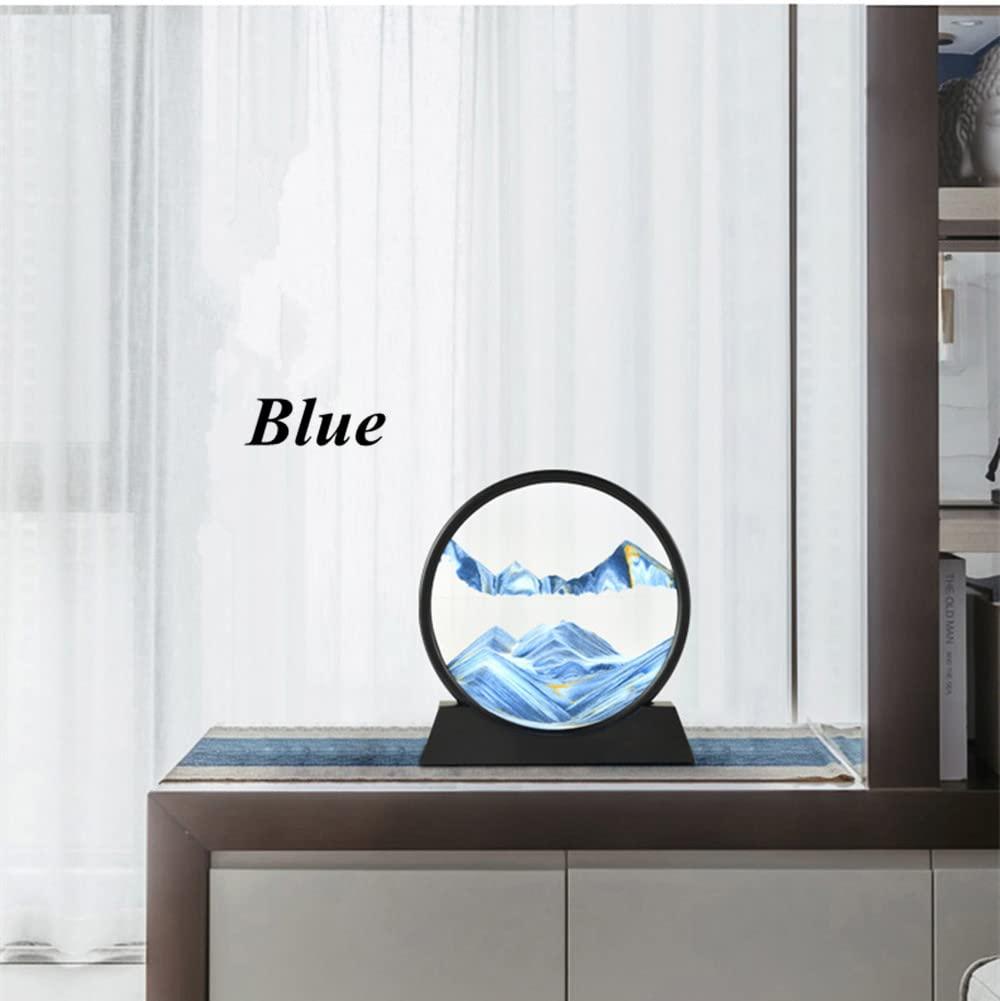 PTGMH PTGMH Liquid Motion Sandscape Picture Flowing Sand Art with Solid Wood Base Perpetual Motion Desktop Moving Sand Art Decor Therapy Office Decor Gifts with Packing Box (Blue with Plastic Base (7\"))