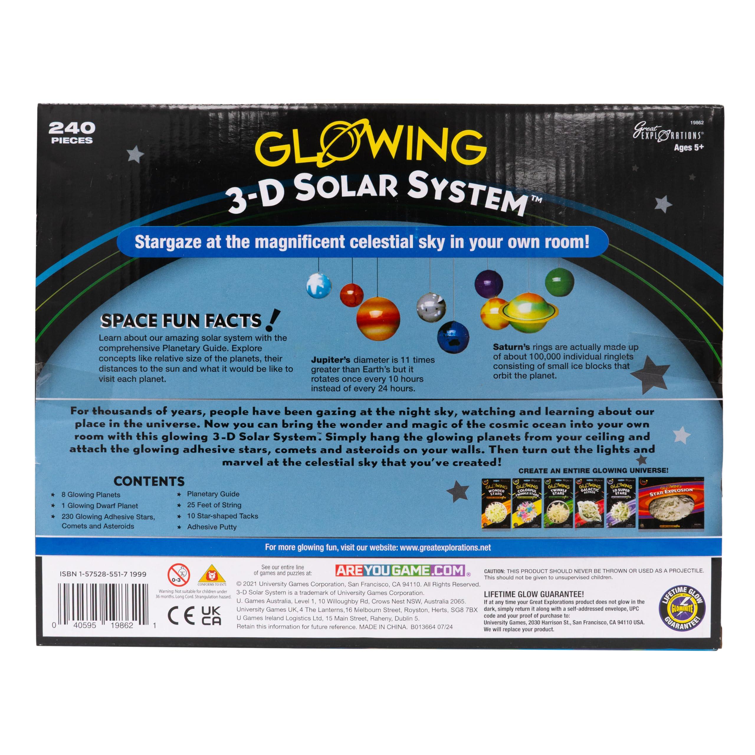 University Games Great Explorations | 3-D Solar System Glow In The Dark Ceiling Hanging Kit 3D Planets and Star Stickers Create the Milky Way Teach Science STEM