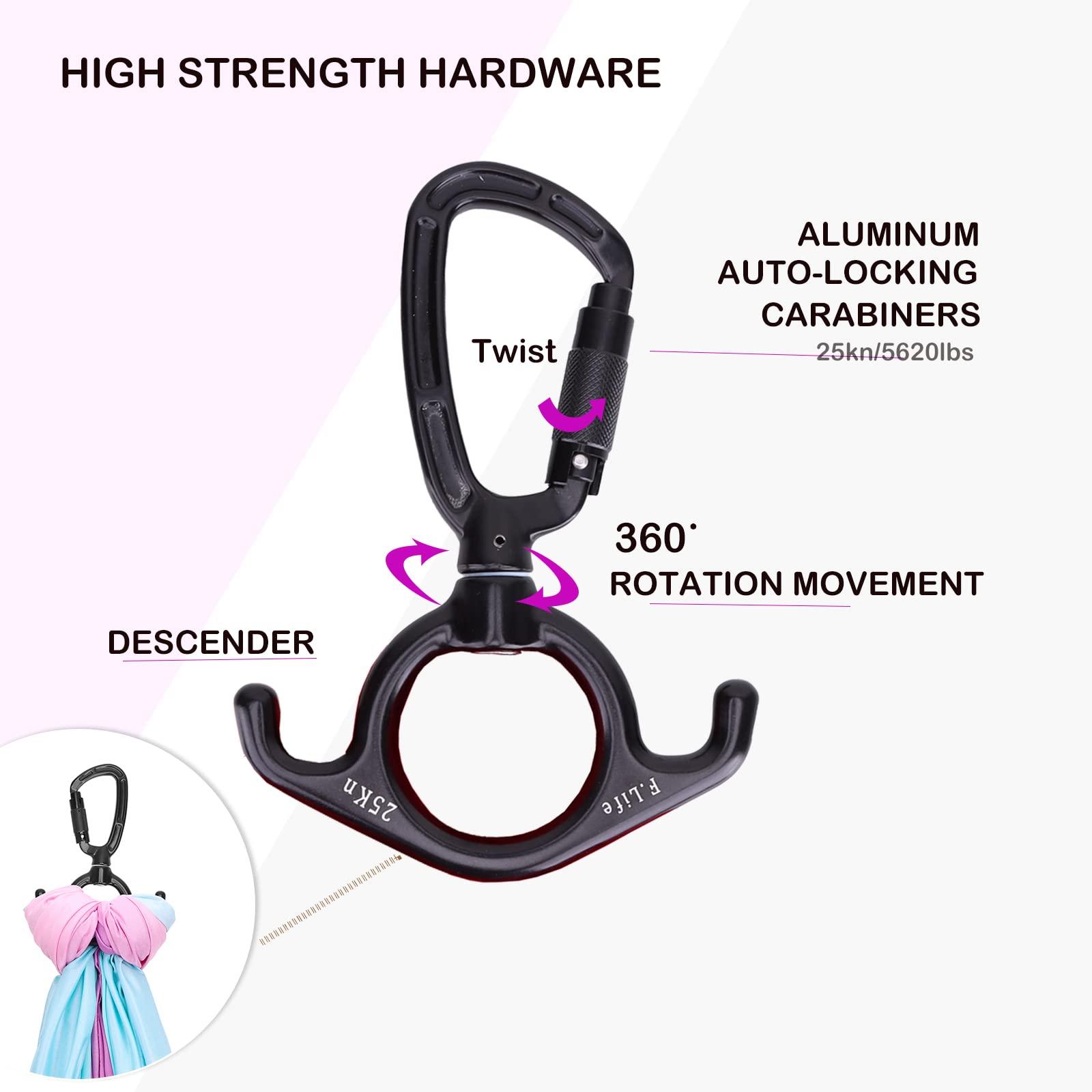 F.Life Aerial Silks Hardware or Single Point Yoga Hammock Rigging Aluminum Swivel D Auto Locking Carabiner Rated 25KN Low Ceilings