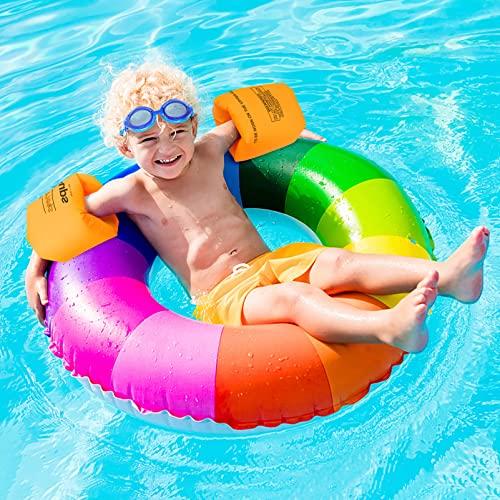 Korlon Tec Arm Floaties for Kids 6-12yrs, PVC Arm Floaties Inflatable Swim Arm Bands Floater Sleeves Swimming Rings and Swimming Goggles Kids Floaties for Pool 6 Pack (Blue)