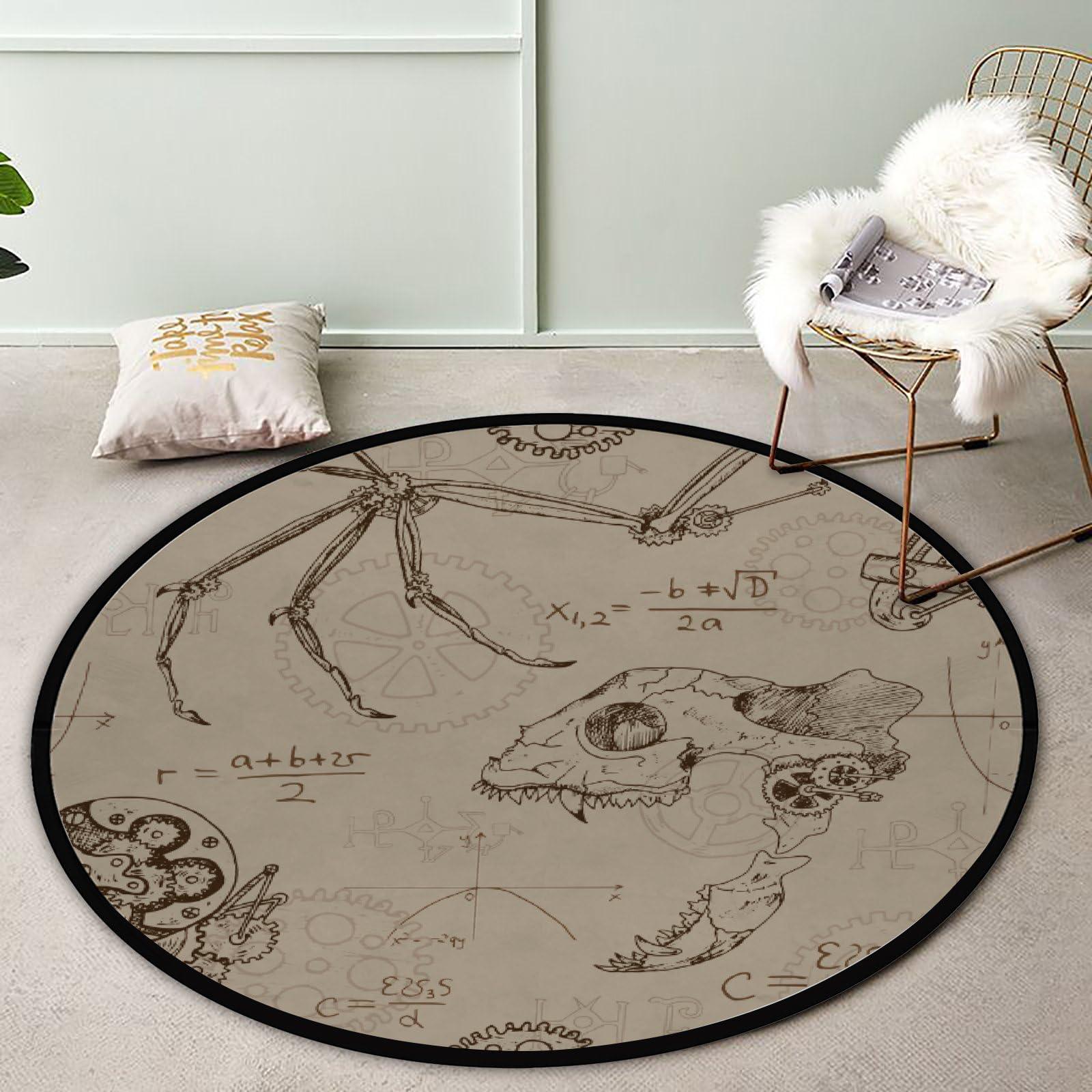Hapuxt Round Rug Nursery Area Rugs Dragon Wing Retro Mechanism Play Room Mat Non-Slip Floor Mats Soft Absorbent Carpet for Living Room Bedroom Kitchen Polyester 4Ft