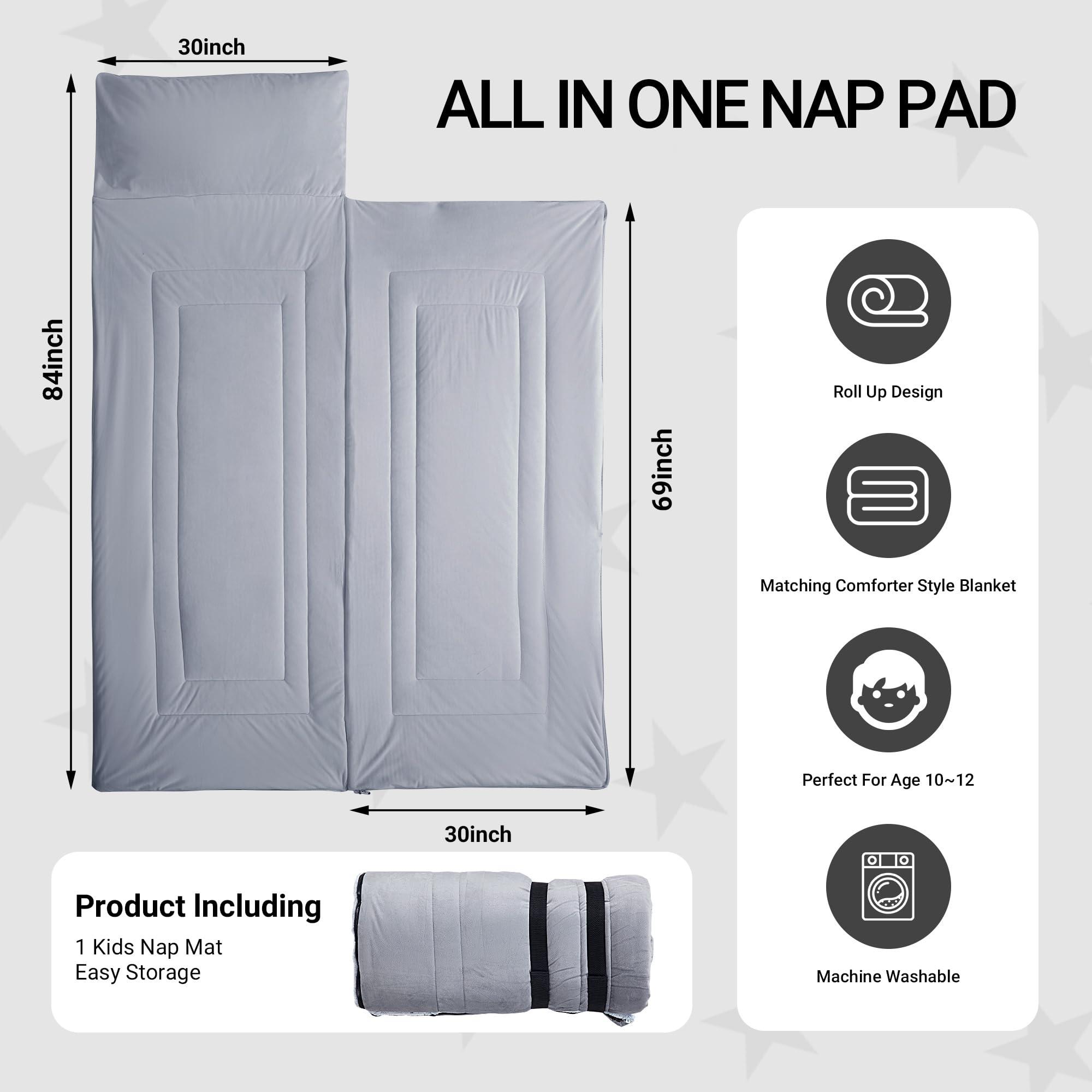 HOMBYS HOMBYS Glow in the Dark Sleeping Bags for 10~12 Years Old Kids, 84\"x30\" Soft Kids Nap Mat with Pillow and Blanket for Daycare School, Grey Travel Sleep Bag for Childern Girls Boys Truck Travel Camping