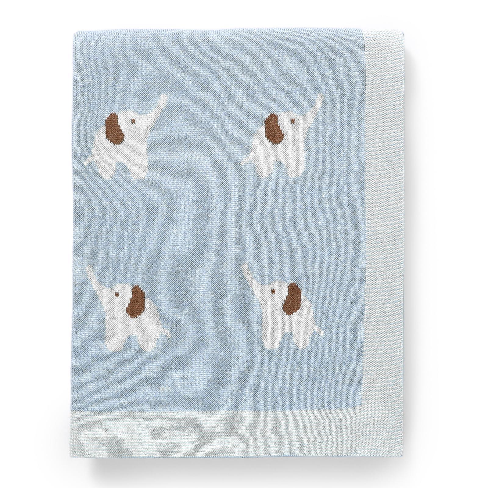 Hadetoto Hadetoto 100% Cotton Baby Blanket Knit Soft Cozy Swaddle Receiving Blankets Toddler Infant Blanket with Lovely Elephant for Newborn Boy Girls - Light Blue, 90 x 70cm
