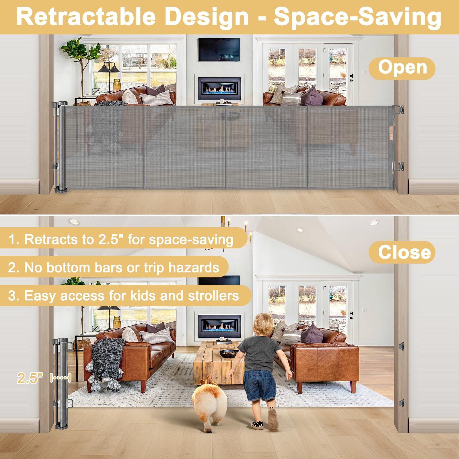 Stcockis 28 Inch Tall Retractable Baby Gates, 80" Wide Reinforced Retractable Dog Gate with Support Rods, Walk Through Pet Gate, Short Dog Gate Retractable Pet Gate, Mesh Baby Gate for Stairs, Doorways, Gray