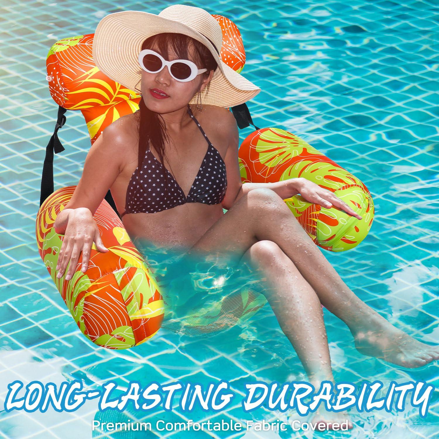 Sonwyoung Sonwyoung Inflatable Pool Floats Chairs Adult Floating Lounge Chairs Adjustable Hammock Water Floating Chair Swimming Tropical Plants Pattern for Party Summer Water Beach Lake Fun(Orange)