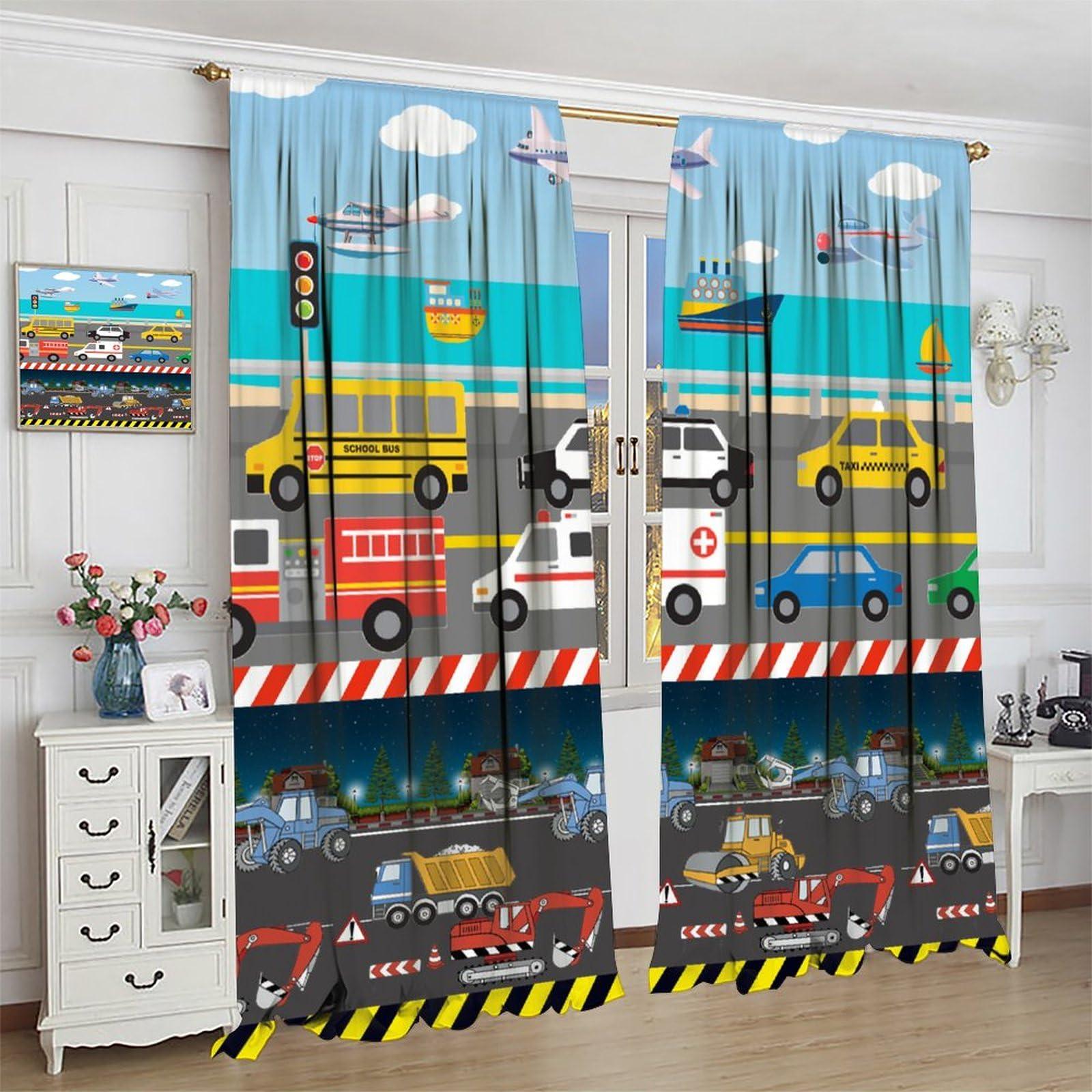 DDCBNS DDCBNS Kids Construction Curtains for Bedroom,Cartoon Colorful Cars Bulldozer Tractor Truck Airplane Ship Print Window Treatments for Boys Baby Room Nursery Study 2 Panels Set,Total Size 42 x 63 Inch