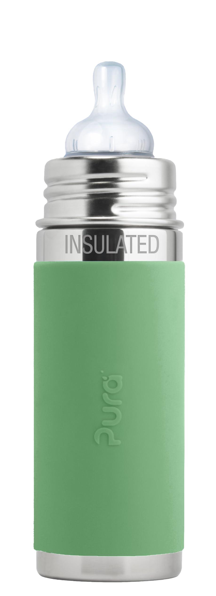 Pura Pura Kiki 7oz/200ml Stainless Steel Insulated Anti-Colic Infant Bottle w/Silicone Medium-Flow Nipple & Sleeve, 100% Plastic-Free, MadeSafe Certified, for Kids, Toddlers, Babies & Infant - Moss