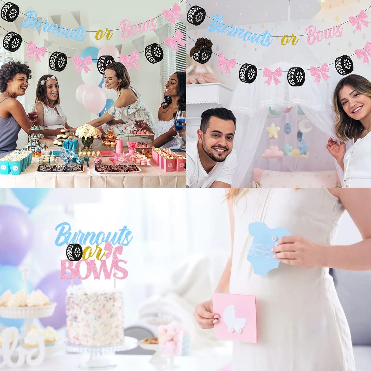 Balterever Burnouts or Bows Gender Reveal Decorations Bunting He or She Blue Pink Banner Cake Topper for Baby Shower or Pregnancy Announcement