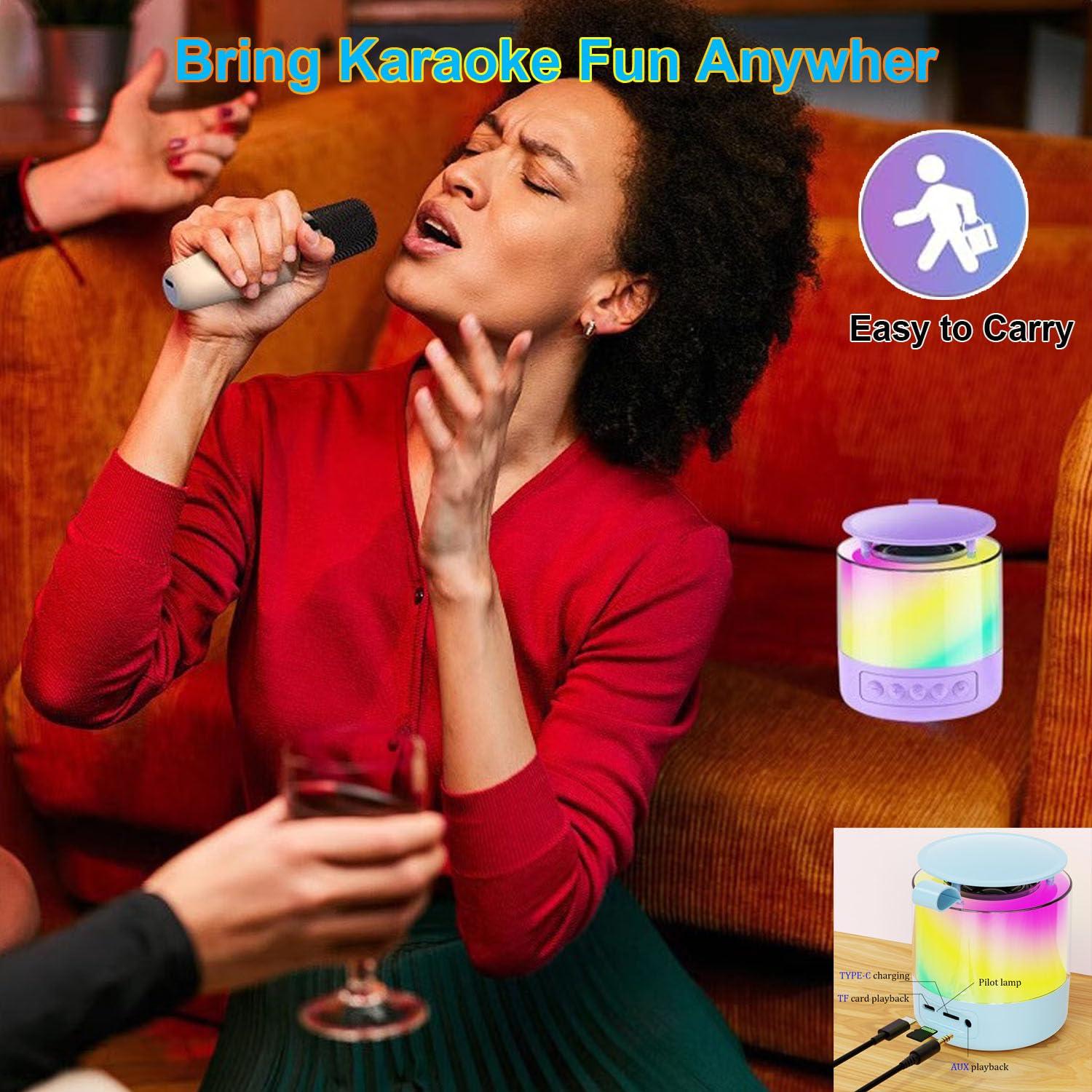 PUSHIZHIGUANG Mini Karaoke Machine for Kids Adults, Portable Bluetooth Karaoke Speaker with Wireless Microphone and LED Color Lights for Home Birthday Party for Girls or Boys Ages 4, 5,6,7,8,10+ (Pink, 1 Mic)