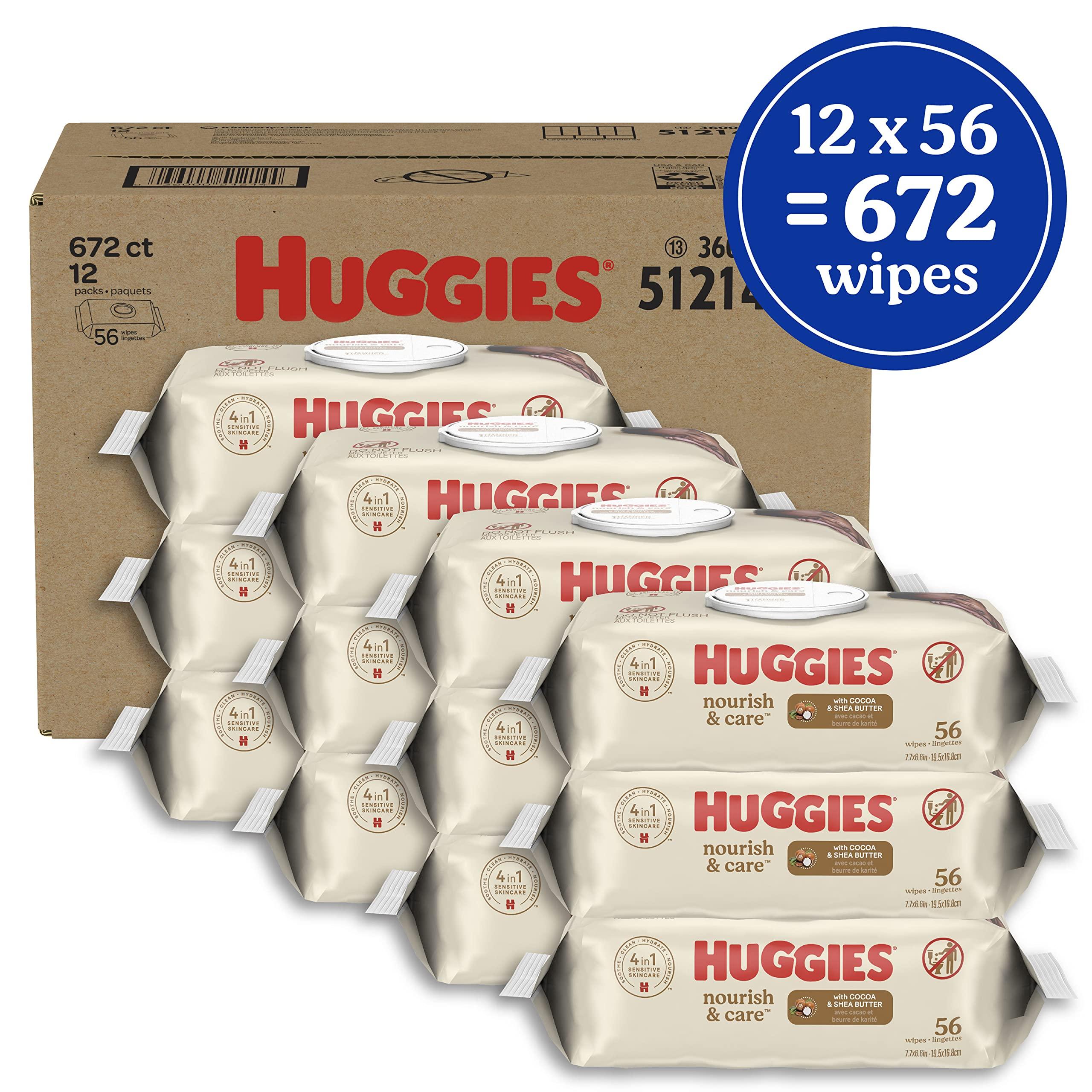 HUGGIES Baby Wipes, Scented, Huggies Nourish & Care Baby Diaper Wipes, 56 Count (Pack of 12)