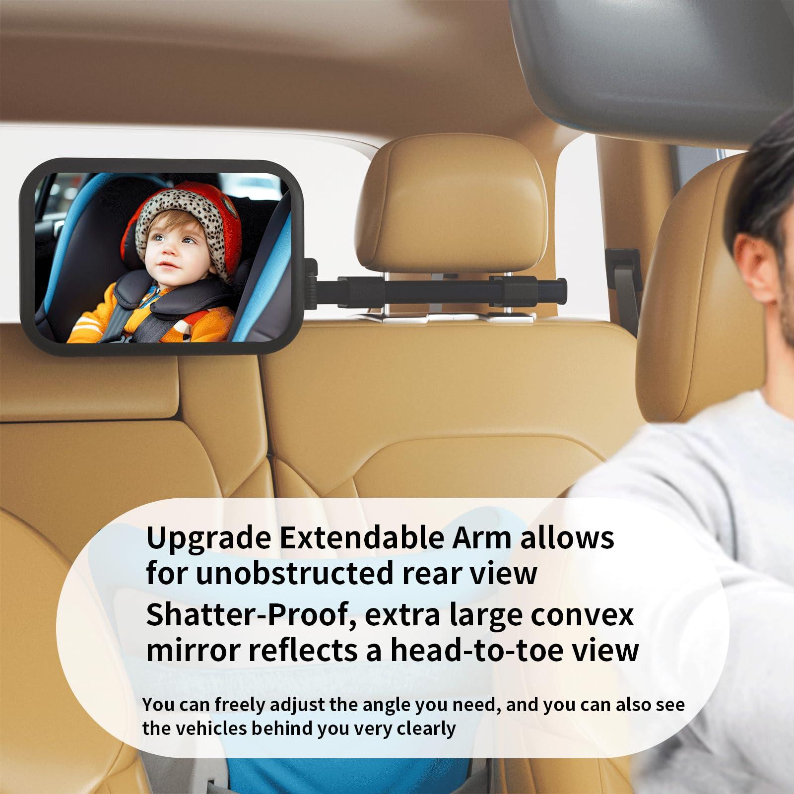 TDFERAN Baby Car Mirror Rear Facing, Safety Adjustable Car Seat Mirror for Baby Extendable Baby Car Mirror Large Car Mirror for Baby with Hook Clip Design + 2 Baby on Board Stickers,2 Car Seat Headrest Hook