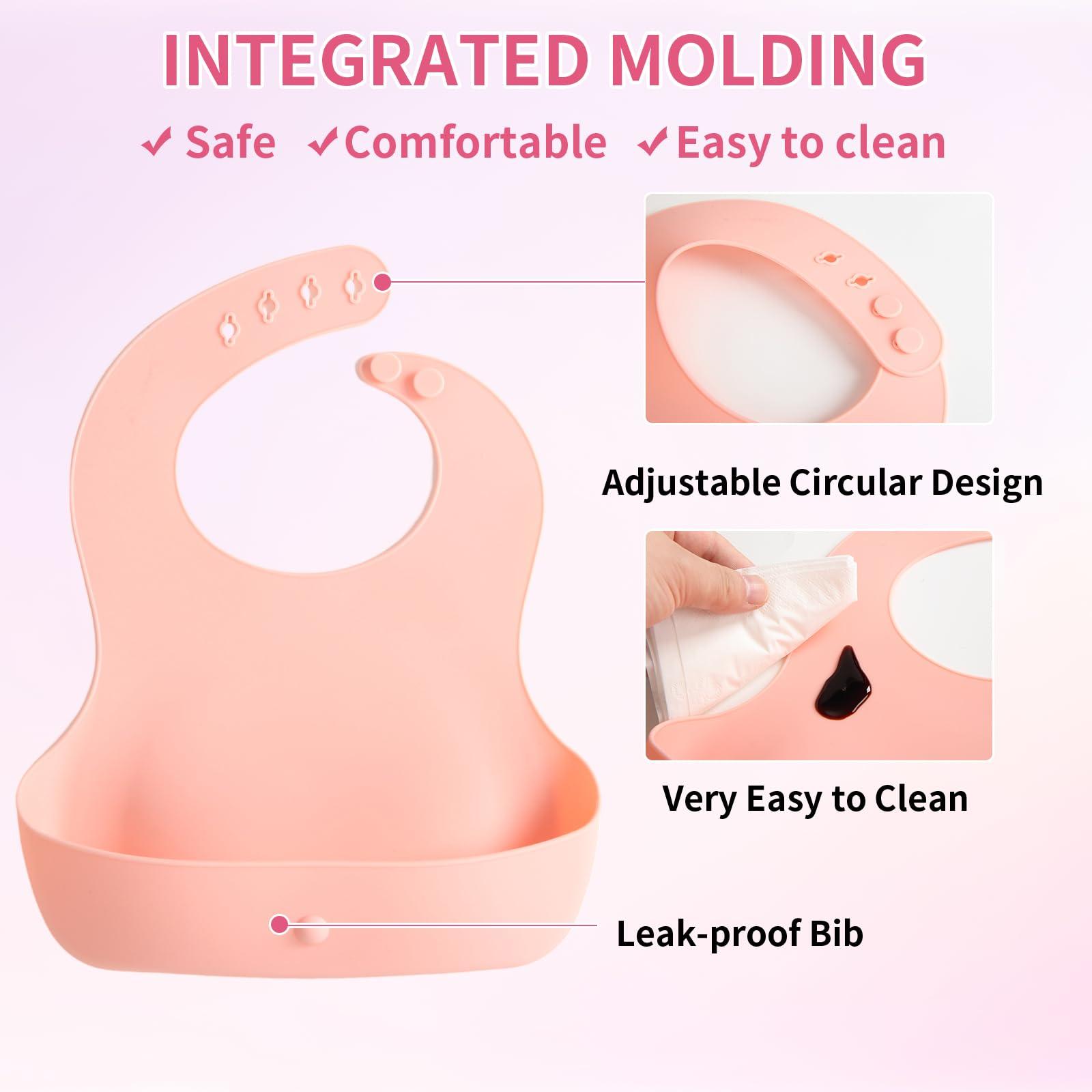 EuChoiz EuChoiz Silicone Baby Feeding Set, Baby Led Weaning Supplies with Suction Bowl Divided Plate, Toddler Self Feeding Dish Set with Bib and Plate, Spoon and Fork, Sippy Cup and Lid Cute Carrot Pink