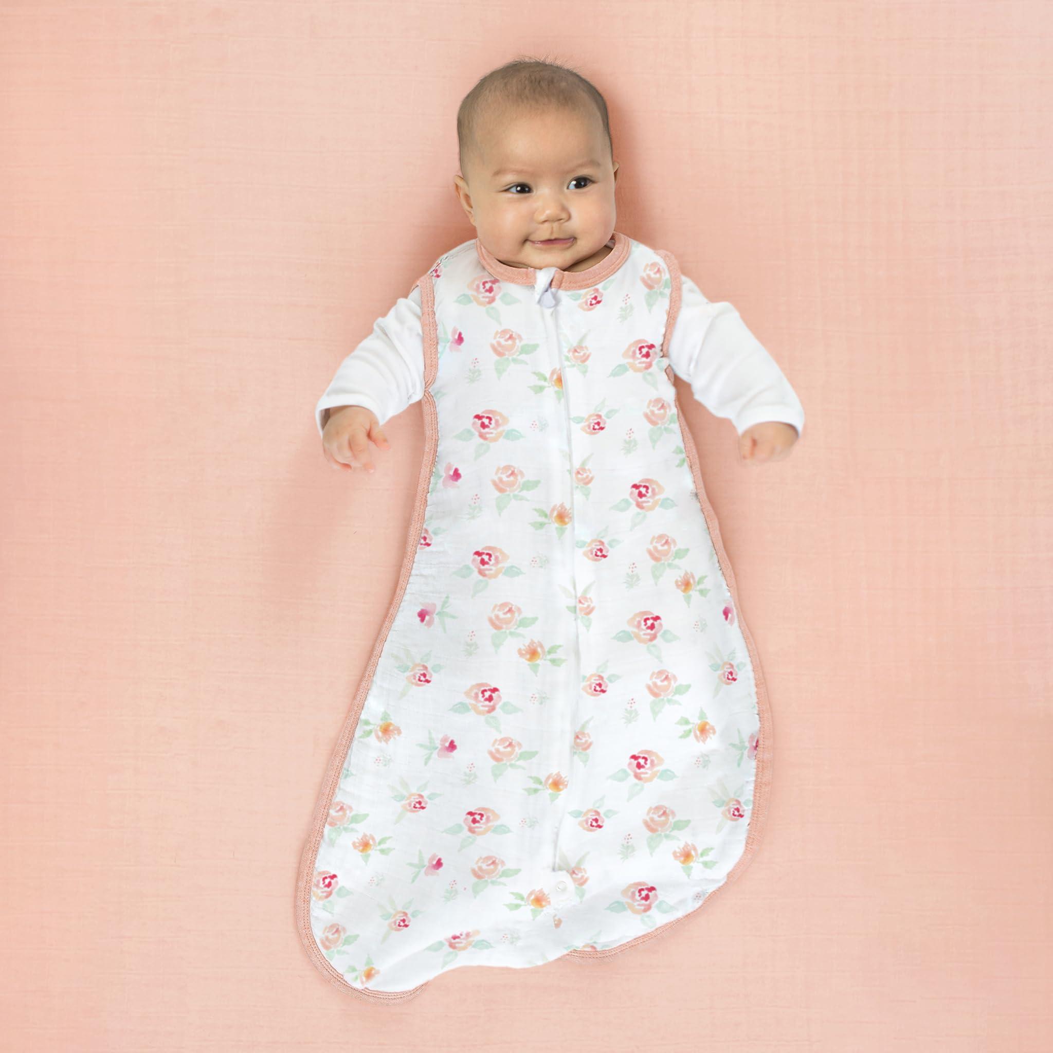 SwaddleDesigns SwaddleDesigns Baby Sleep Sack 0-6 Months, Cotton Muslin Wearable Blanket with 2-Way Zipper, Non-Weighted Sleeping Sack for Safer Sleep, Watercolor Peachy Pink Floral, Small