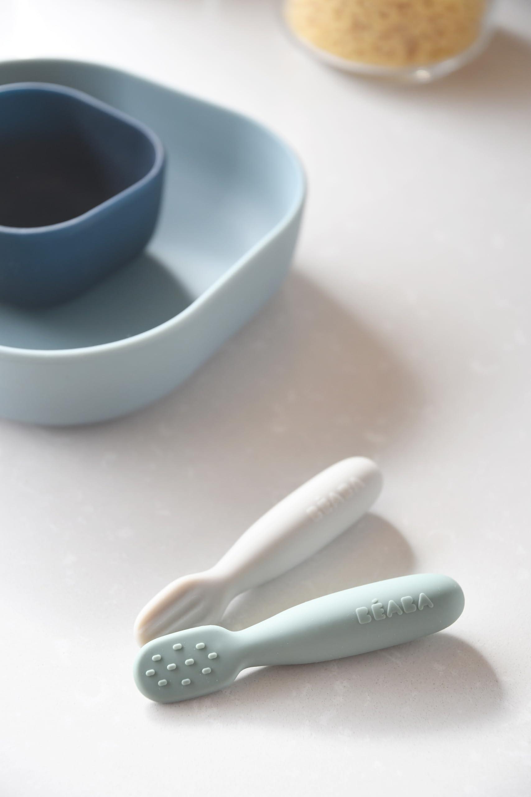 Baba BEABA Set of 2 Silicone Pre-Spoons, For Babies 4-8 Months, Ultra-Soft Silicone Spoons to Help with Self Feeding, Designed with Specialist, Baby Utensils, Sage/Grey