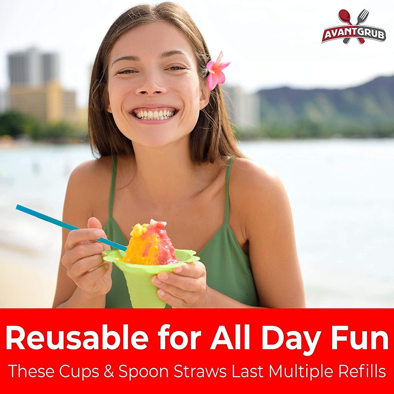 Avant Grub Leak Proof & Drip Catching, Super Cute Reusable 4oz Flower Snow Cone Cups 25 Pk, Colorful Easy Grip Bowls Perfect for Birthday Party, Summer Cookout, Shaved Ice, Snack, Ice Cream, Standalone Design