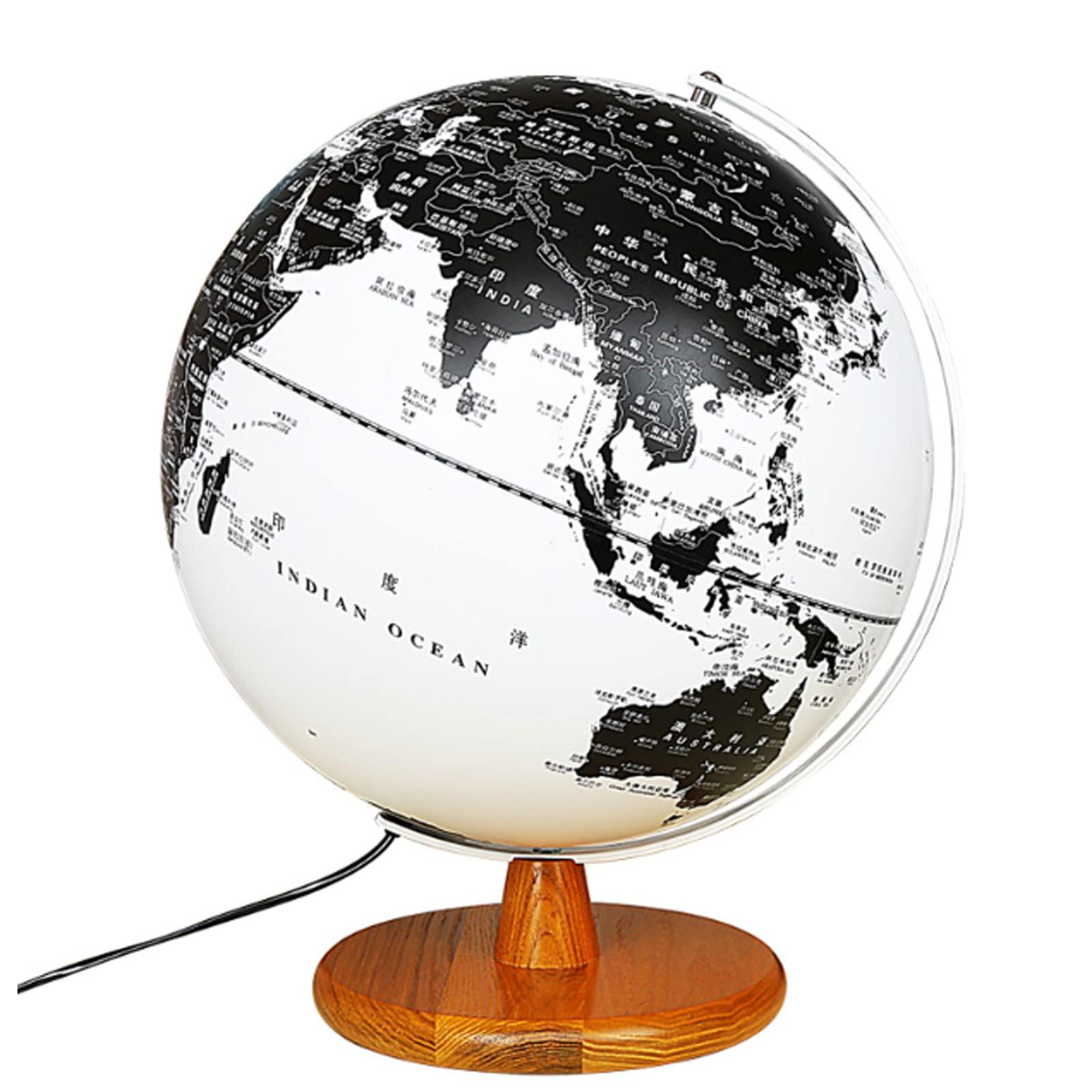 ZAJ ZAJ 10\'\' Black & White World Globe W/Metal Arc & Wooden Base 25cm Illuminated Globe of The World Build in LED Night Light for Office