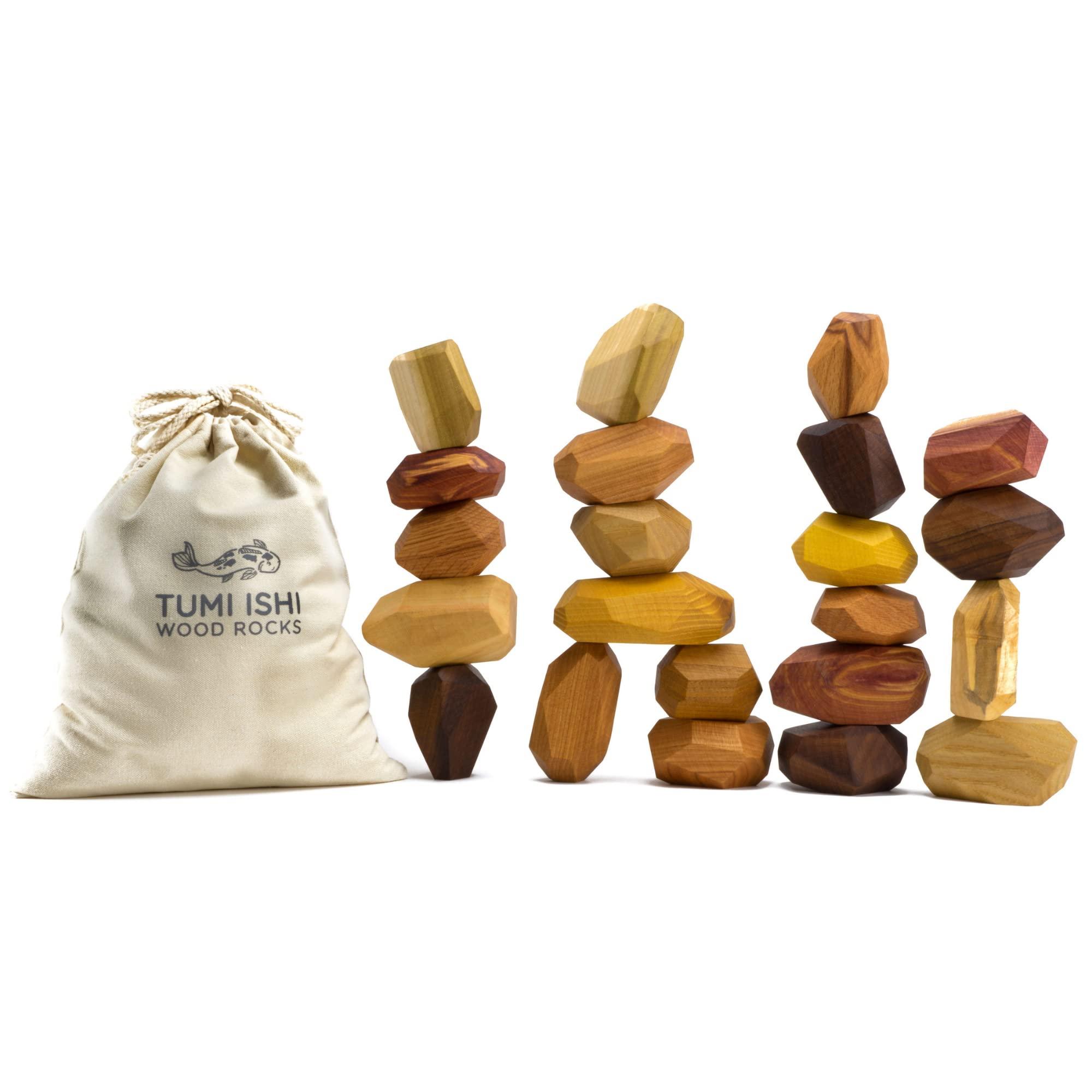Tumi Ishi Tumi Ishi 22 Piece Natural Wooden Balancing Block Set - Sensory Educational Natural Wood Toy Stacking Game - Mixed Wood Species - USA Made - Jojoba Oil and Beeswax Finish - Wood Stone Building Blocks