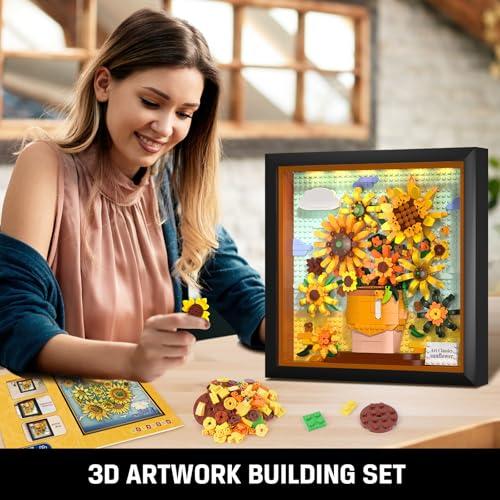 HOGOKIDS HOGOKIDS Flowers Sunflower Building Set with Lights - Vincent Van Gogh Painting Frame Artwork Mini Building Blocks Toy for Home Dcor Wall Art Architecture Sets for Adults Teens - 807PCS