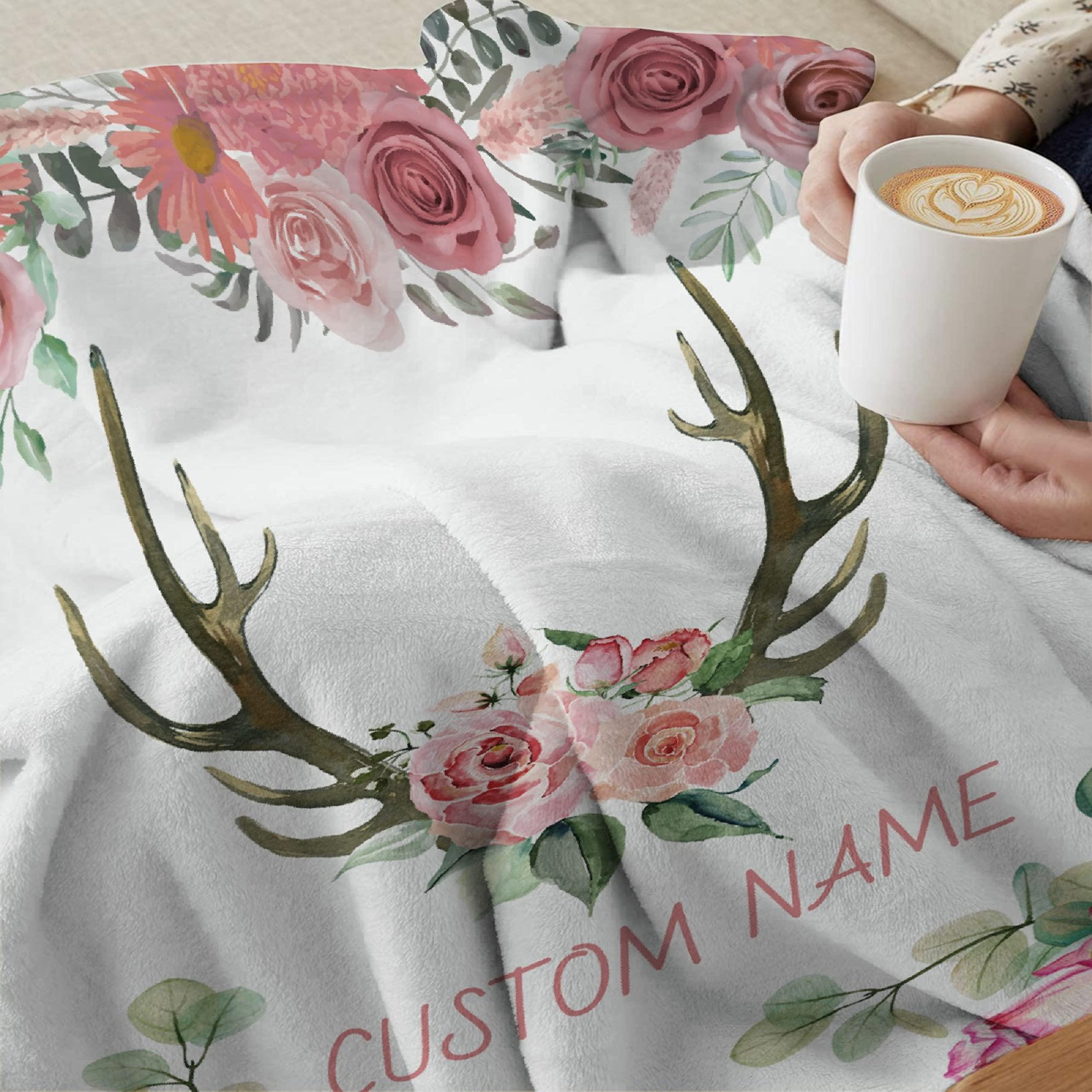 Bhaisajyaguru Personalized Custom Baby Blanket with Name Deer Horns Floral Pink Customized Fleece Blanket for Girls Boys Children Kid Baby Shower Birthday Gift for Daughter Granddaughter Niece 80"x60" for Adult
