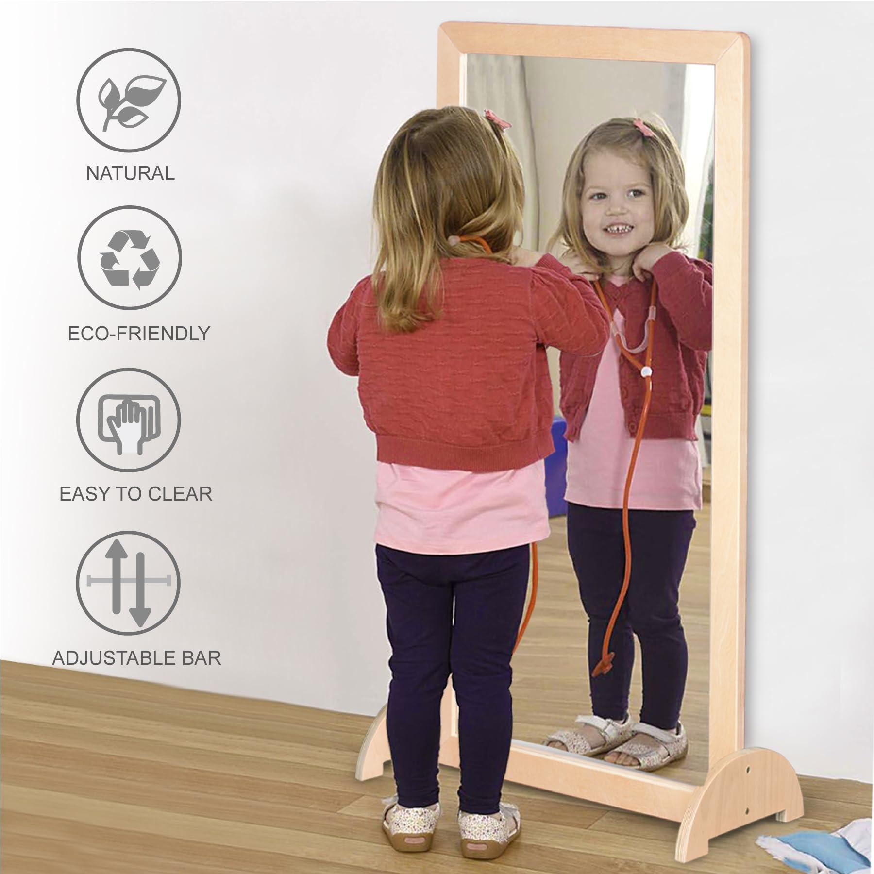 KRAND KRAND 3-Position Montessori Wood Frame Non-Shatter Safety Pull Up Bar Baby Big Mirror Set, Infant Coordination Mirror, Kids Classroom Furniture for Daycare, Homeschool or Preschool