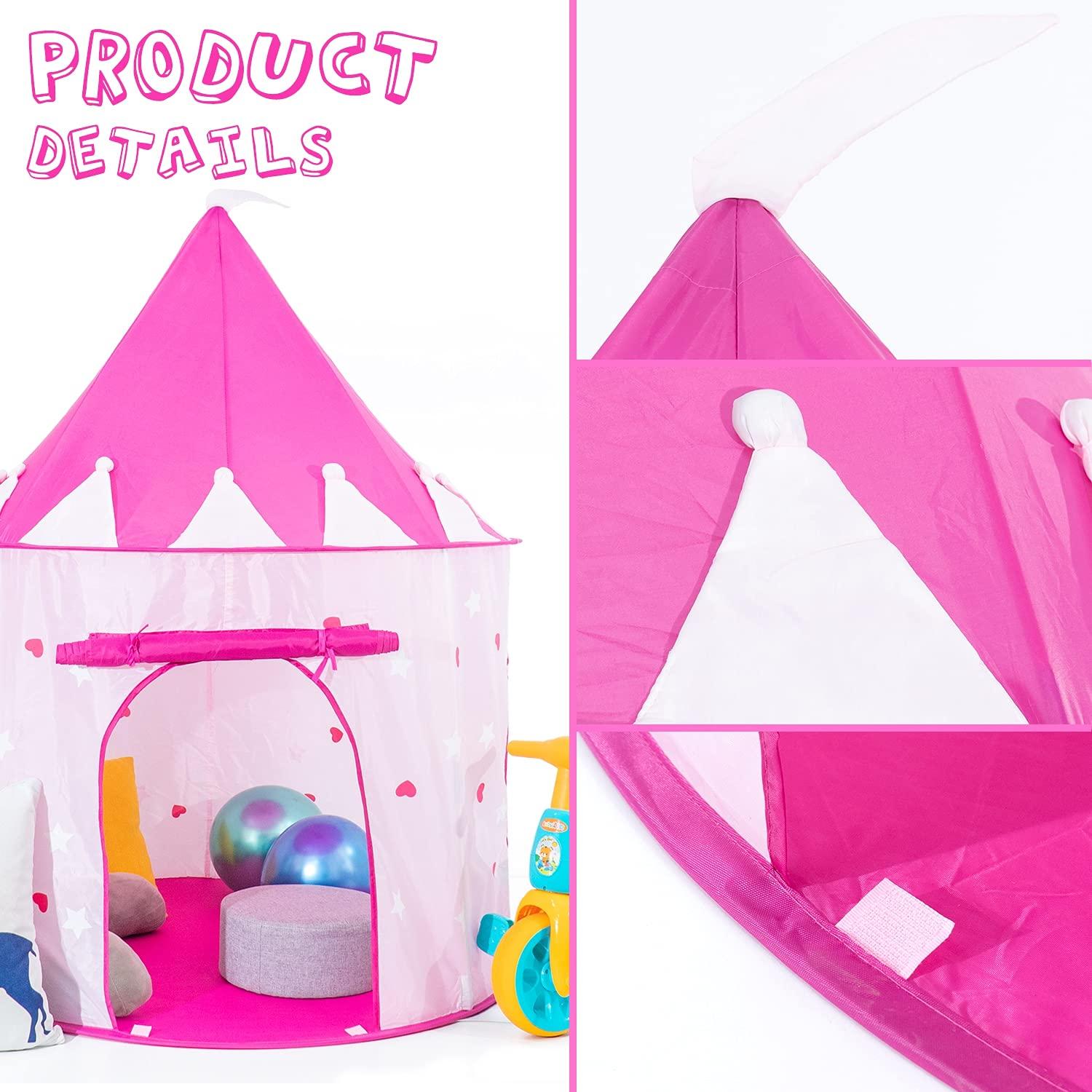 Allusweet Princess Castle Play Tent with Glow in The Dark Stars, Foldable Pink Pop up Kids Tent Playhouse Toys, for Indoor Outdoor Toddler Children Girls Gifts Tent Girls Toys Age 3/4/5/6/7/8/9 Years Old