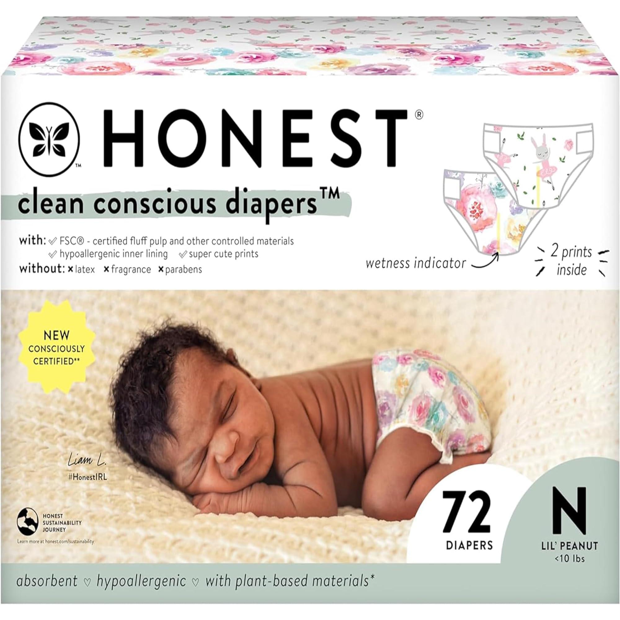 The Honest Company The Honest Company Clean Conscious Diapers for Sensitive Skin | Hypoallergenic, Fragrance Free | Girl Prints | Club Box, Size Newborn, 72 Count