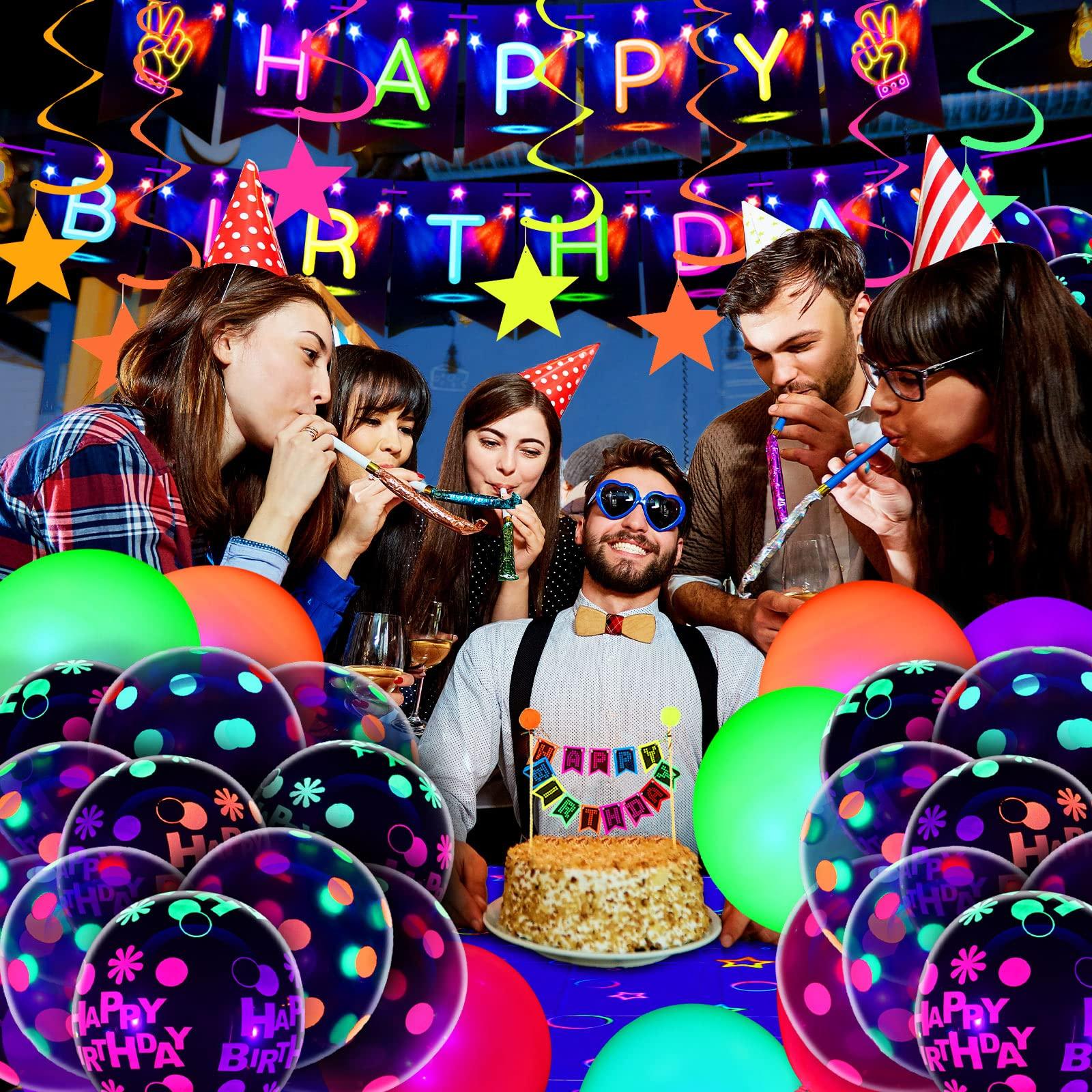 Zhanmai Zhanmai Neon Party Decorations Glow in the Dark Birthday Supplies Set Neon Balloons Fluorescent Happy Birthday Banner Tablecloth Blacklight Hanging Stars Cake Toppers for Glow Party Halloween Decor
