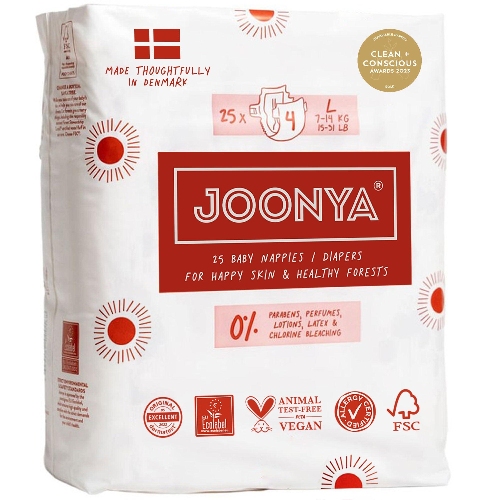 JOONYA Joonya Baby Diapers, Size 4 L (15-31 lb) - 1 Bag of 25 - **New Range** - NonToxic, Eco-Friendly, Ultra Slim, Overnight Use - Made in Denmark