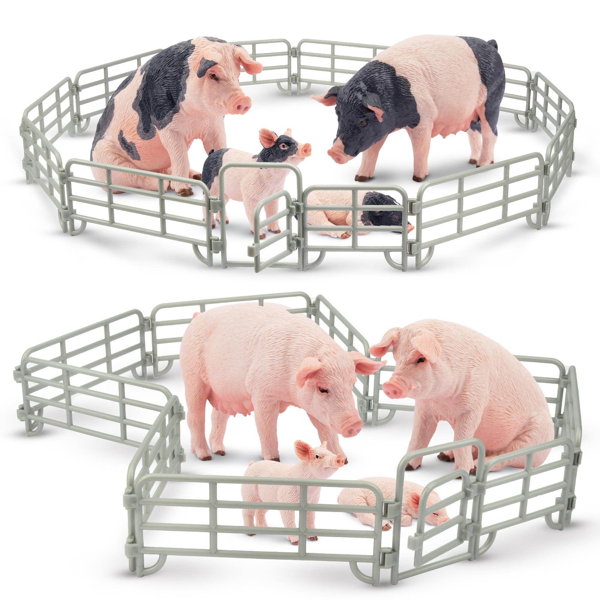 Toymany Toymany 28PCS Realistic Pig Figurines Set with Fence Toys, Plastic Farm Animals and Fencing Panel Accessories Playset, Birthday Christmas Toy Gift for Kids