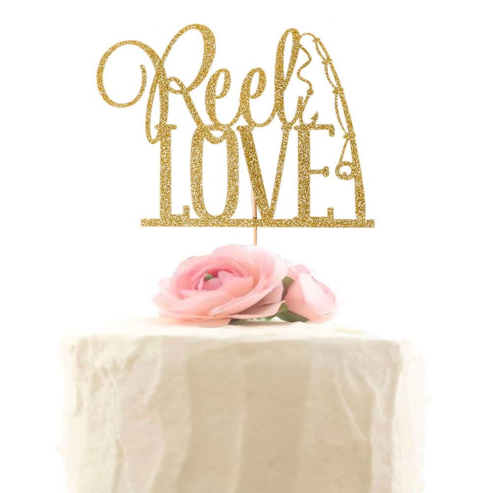 XIUHUBA Reel Love Wedding Cake Topper, Fishing Wedding Cake Toppers, Engagement Party Decors, Gold Glitter
