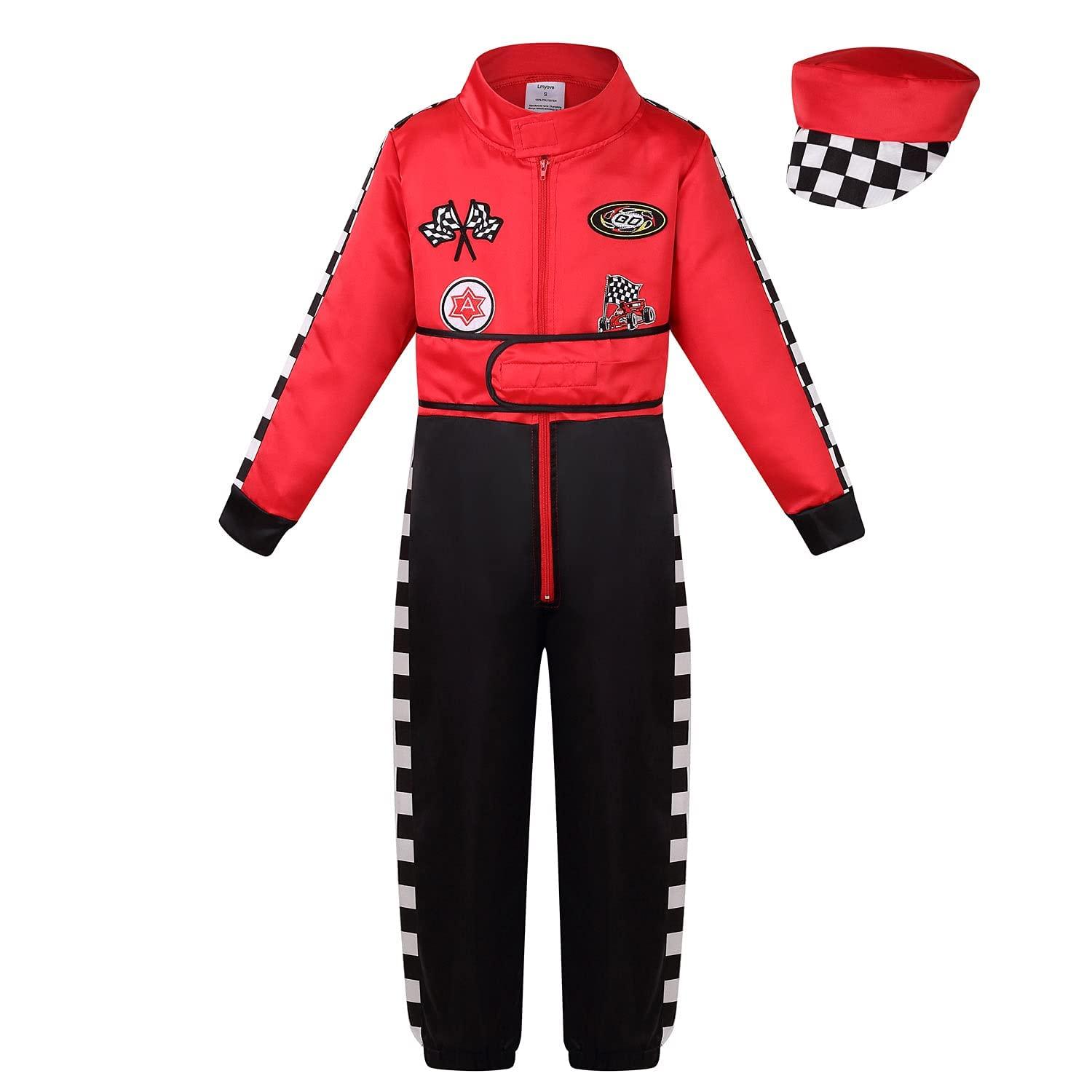 LMYOVE LMYOVE Kids Race Car Driver Costume Boys Girls Racing Halloween Play Role Dress Up Racer Jumpsuit and car cap Toddler 3-9Y (Medium, Red)