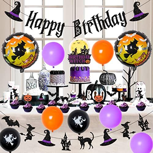 JOYMEMO Witch Birthday Party Decorations with Happy Birthday Banner Halloween Theme Cake Topper Cupcake Picks Birthday Witch Garland for Girls Horror Happy Birthday Supplies
