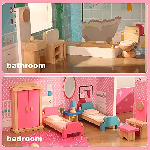 Giragaer Giragaer Wooden Dollhouse Furniture 5 Set, Wood Doll House Miniature Bathroom/ Living Room/ Dining Room/ Bedroom/ Kitchen House Furniture Doll Decoration Accessories Pretend Play Kids Toy Colorful…