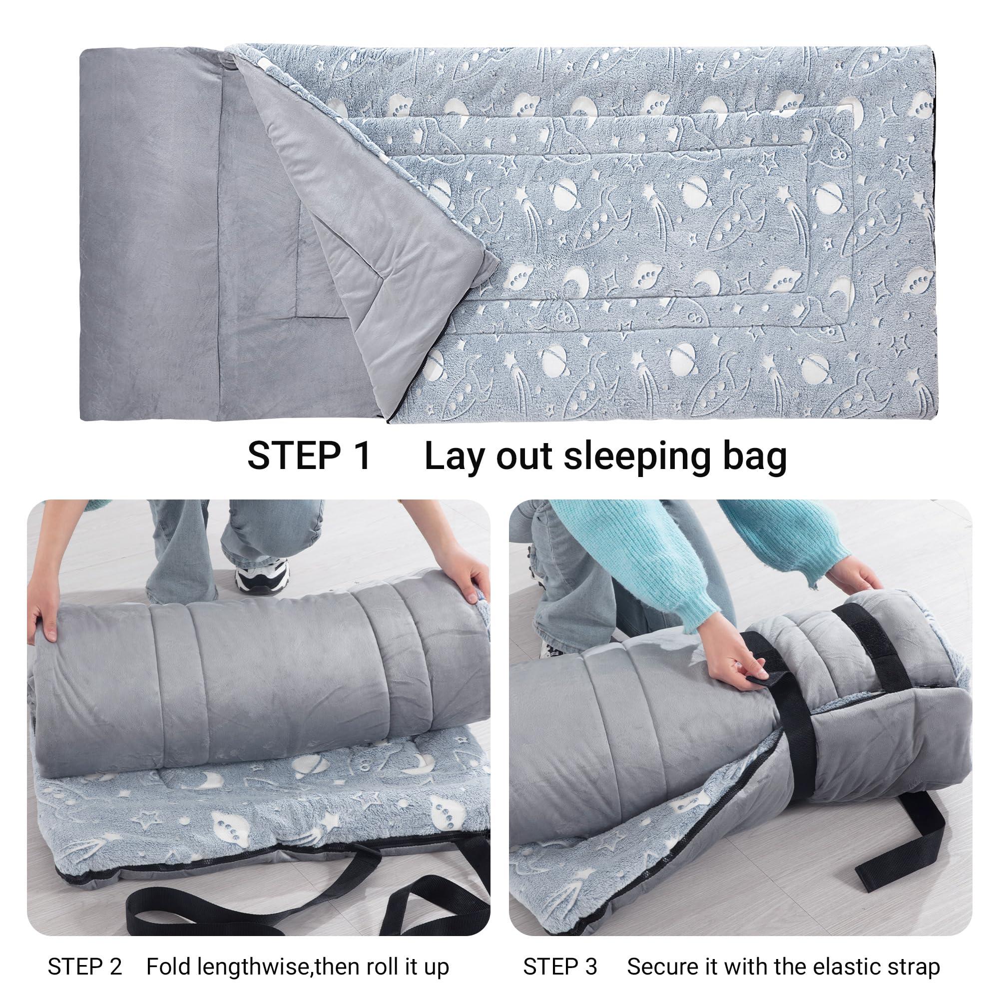 HOMBYS HOMBYS Glow in the Dark Sleeping Bags for 10~12 Years Old Kids, 84\"x30\" Soft Kids Nap Mat with Pillow and Blanket for Daycare School, Grey Travel Sleep Bag for Childern Girls Boys Truck Travel Camping