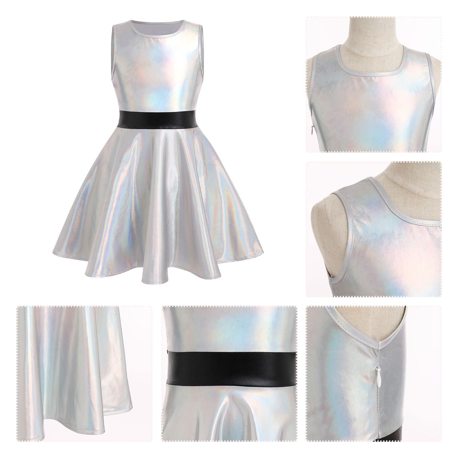 ODIZLI ODIZLI Halloween Costumes for Girls Holographic Dress Sleeveless Skateboarding Metallic Skater Dress 90s Costume Cowgirl 80s Birthday School Music Festivals Alien Costume Toddler Silver 3-4 Years