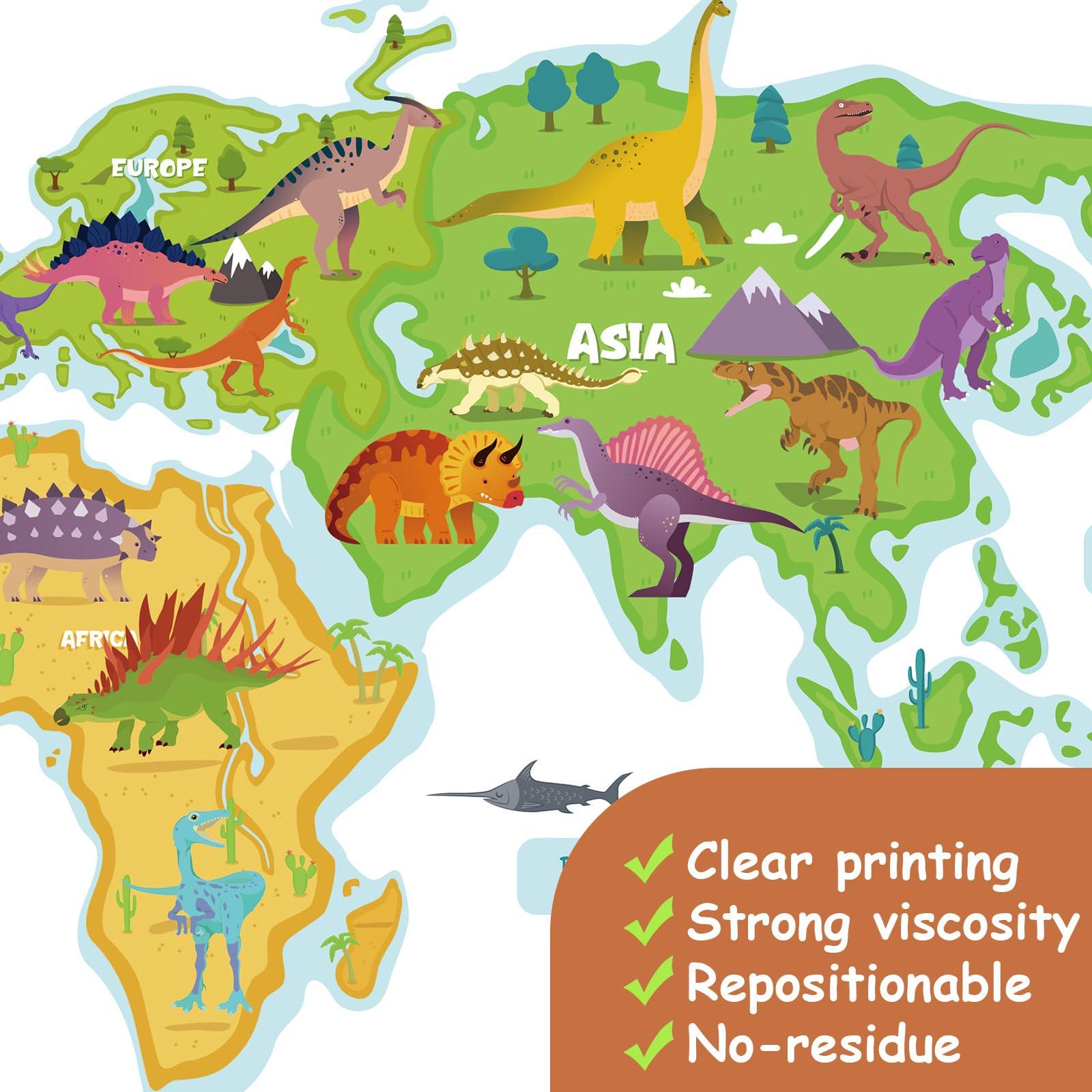 NQEUEPN 2pcs Dinosaur World Map Wall Stickers, Kids Room Wallpaper Removable Animals World Map Wall Decal Vinyl Mural Art for Classroom Boys Girls Nursery Bedroom Living Room Home Decor