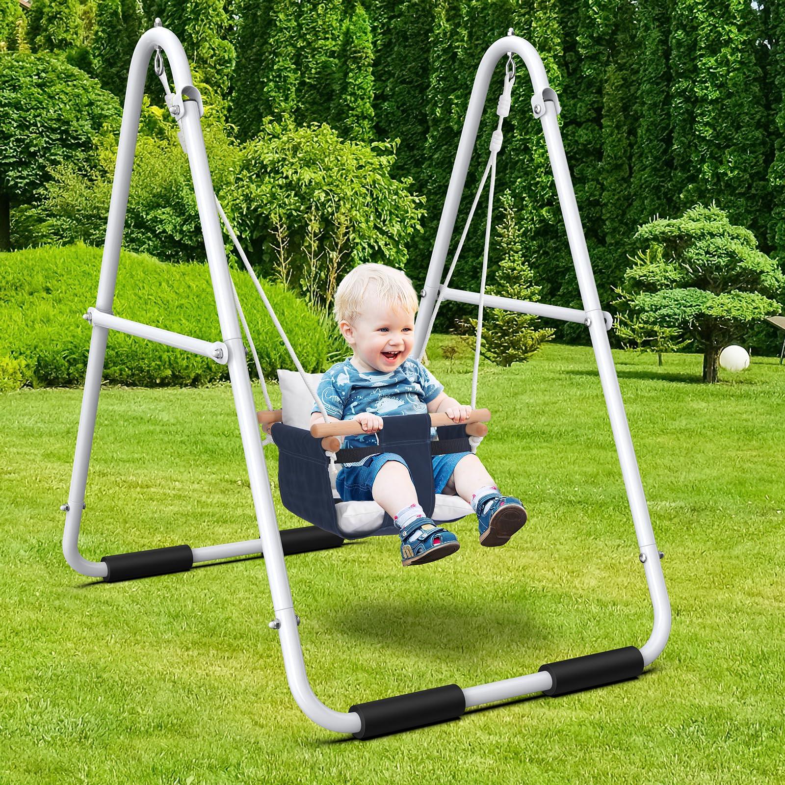 Hapfan Hapfan Toddler Swing, Baby Swing with Heavy Duty Foldable Stand, Indoor Outdoor Swing Set for Aged 1-3, with Canvas Cushion Seat, 55lbs Capacity
