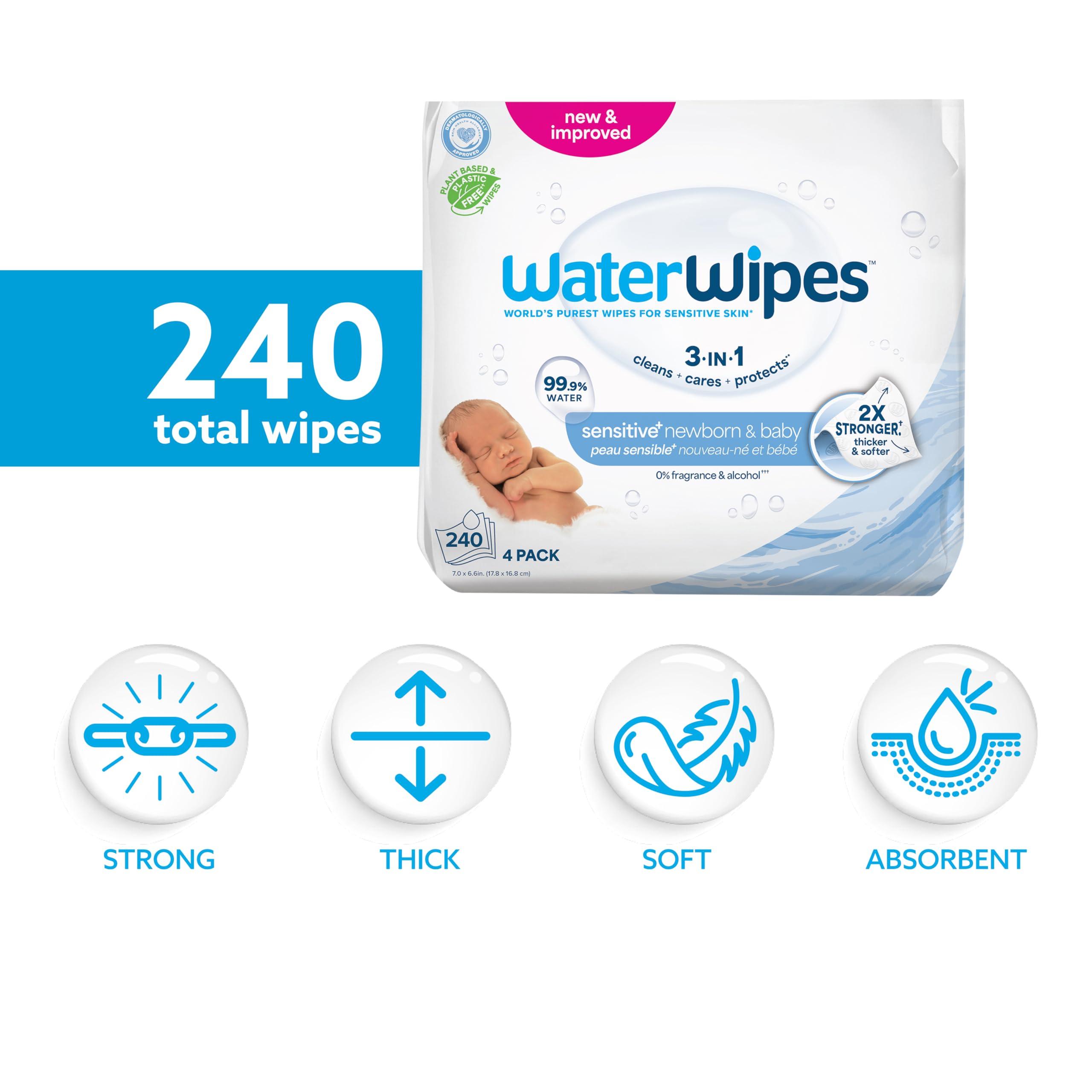WaterWipes WaterWipes Plastic-Free Original Baby Wipes, 99.9% Water Based Wipes, Unscented & Hypoallergenic for Sensitive Skin, 240 Count (4 packs), Packaging May Vary