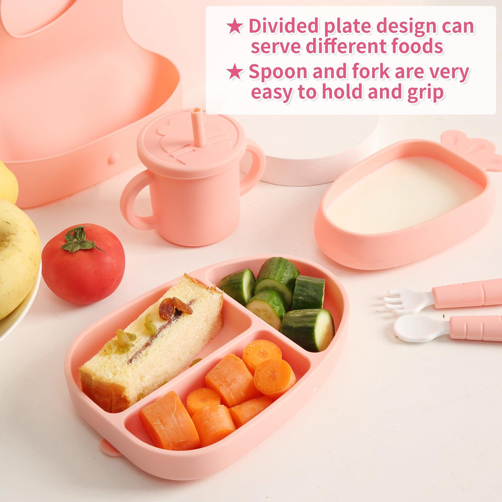 EuChoiz EuChoiz Silicone Baby Feeding Set, Baby Led Weaning Supplies with Suction Bowl Divided Plate, Toddler Self Feeding Dish Set with Bib and Plate, Spoon and Fork, Sippy Cup and Lid Cute Carrot Pink