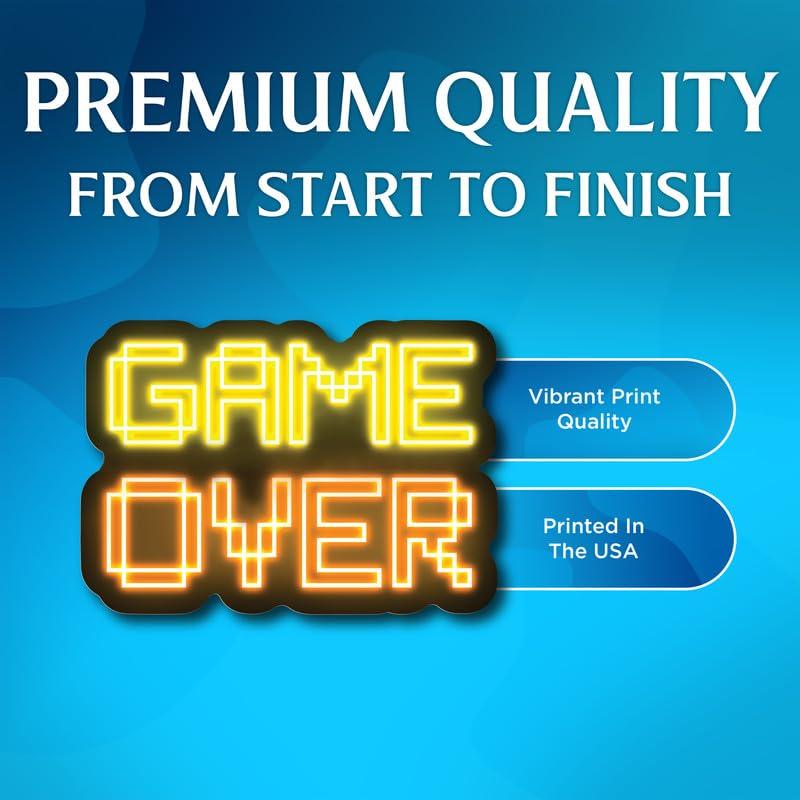 FHJ Game Over - Cool Retro Neon Gamer Stickers - Premium Quality Vinyl Bumper Stickers 2-Pack | 5-Inch on Widest Side | Made in USA - FHJ538