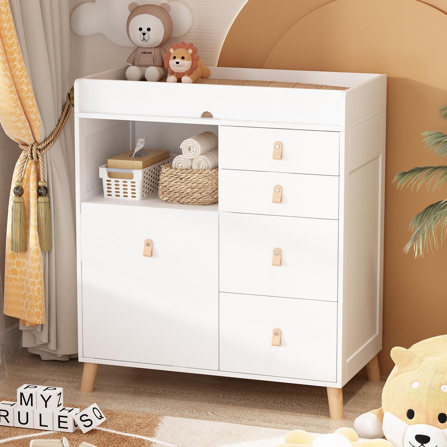 DAWNSPACES DAWNSPACES Baby Changing Table Dresser for Infants, Nursery Dresser Chest with 5 Drawers, Shelf, Storage Changing Station Dresser, White