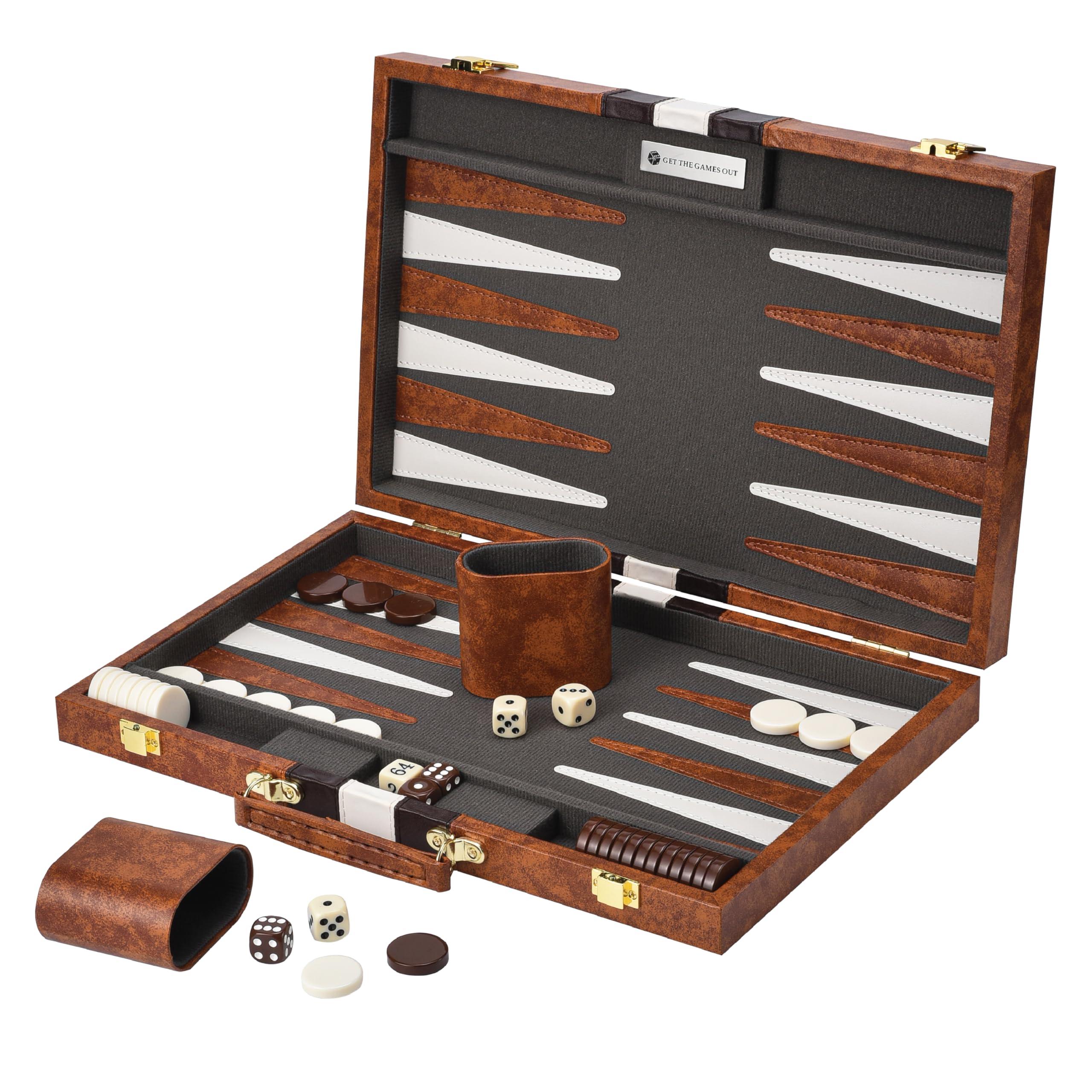 Get The Games Out Get The Games Out Backgammon Set for Travel - Small Classic Board Game Case with Strategy Guide & 15 Game Pieces (Brown)