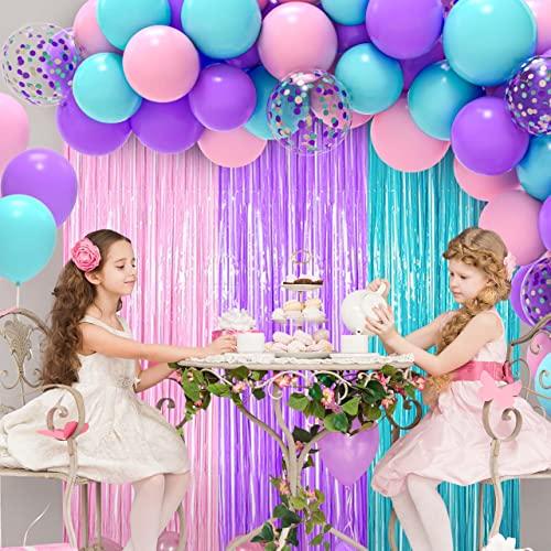 JOYYPOP Unicorn Balloon Garland Kit with Light Purple Pink and Turquoise Balloons, Tinsel Curtain for Baby Shower Birthday Party Decorations Unicorn Party